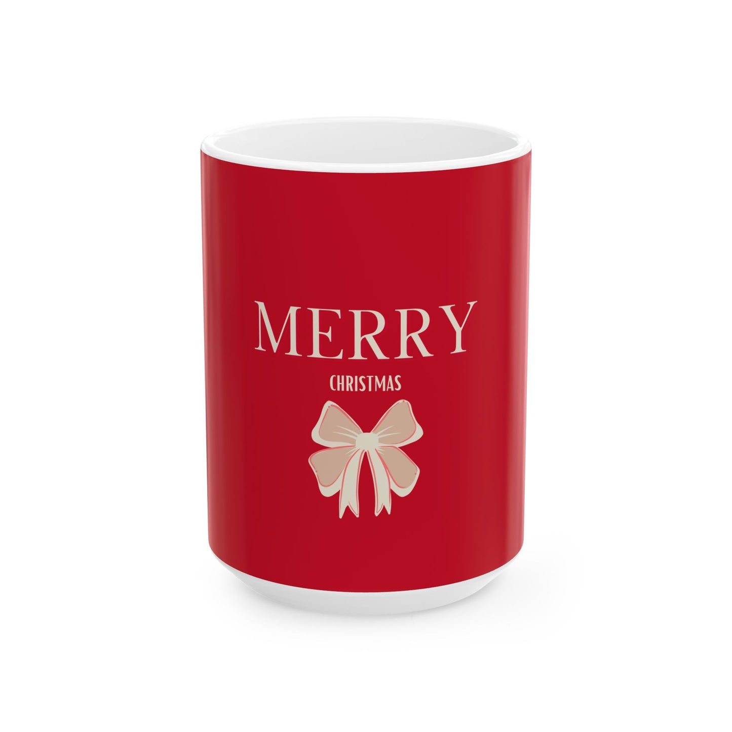 Red mug with 'Merry Christmas' text and bow design on a white background