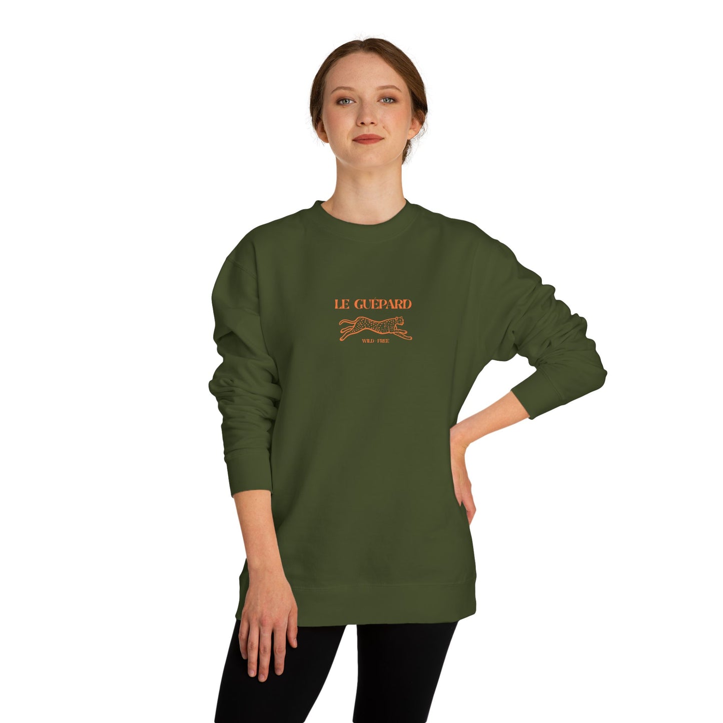 Person wearing a green sweatshirt with 'Le Gepard' branding on a white background