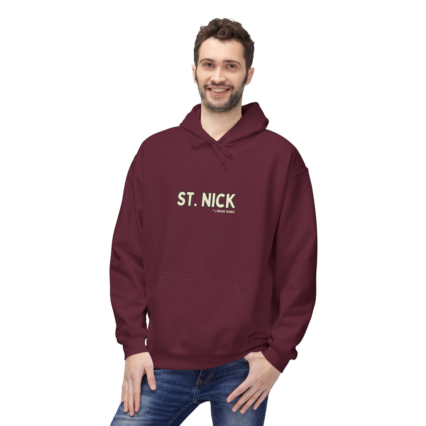 Man wearing a maroon hoodie with 'ST. NICK' text on a white background