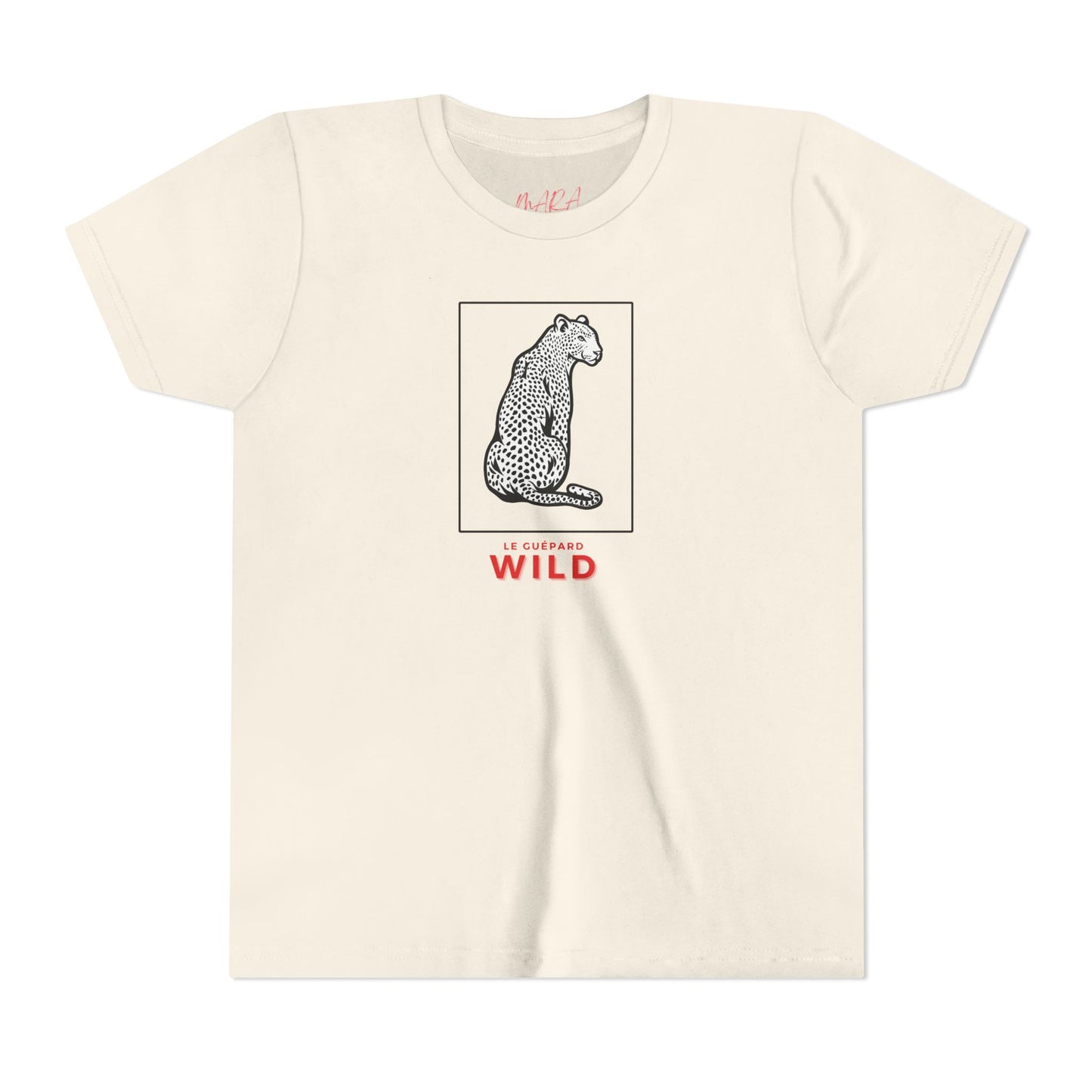 Beige t-shirt with a graphic of a cheetah and the word 'WILD' on a white background