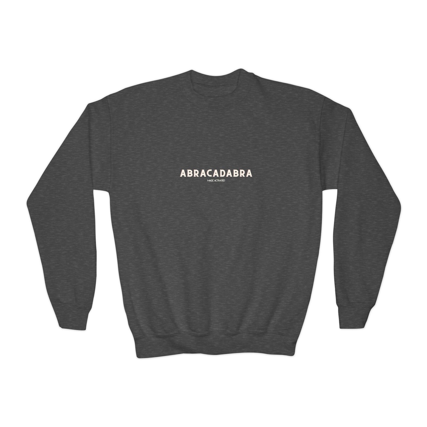 Dark gray sweatshirt with 'ABRACADABRA' text on a white background