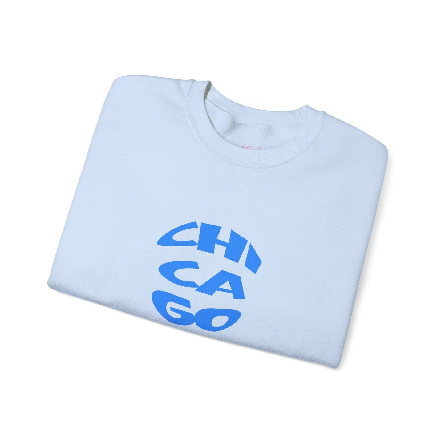 Light blue sweatshirt with 'Chicago' printed in blue on a white background