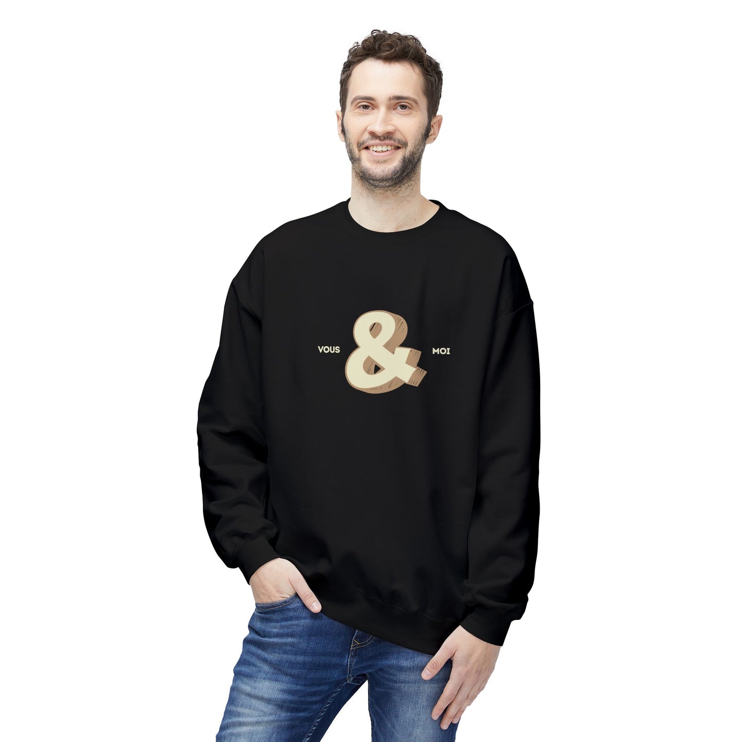 Man wearing a black Couple's sweatshirt with a design and text on a white background