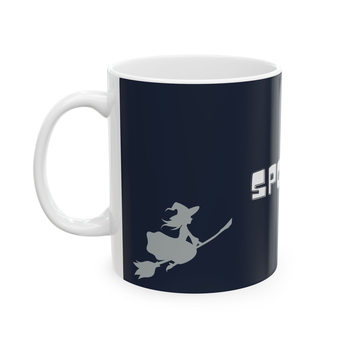 Navy blue mug with a white handle featuring a silhouette of a witch on a broom and the word 'Spook'.