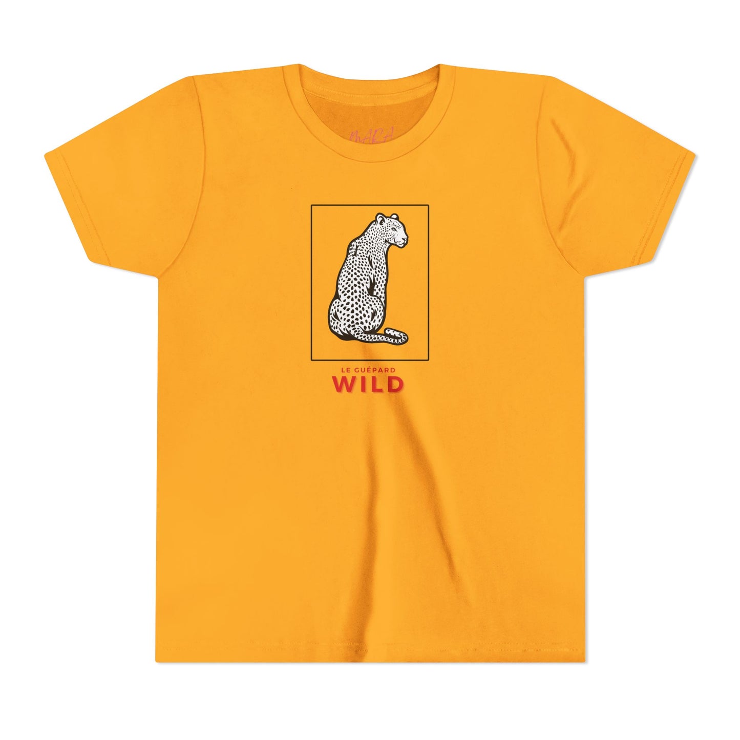 Yellow t-shirt with a leopard graphic and 'WILD' text on a white background
