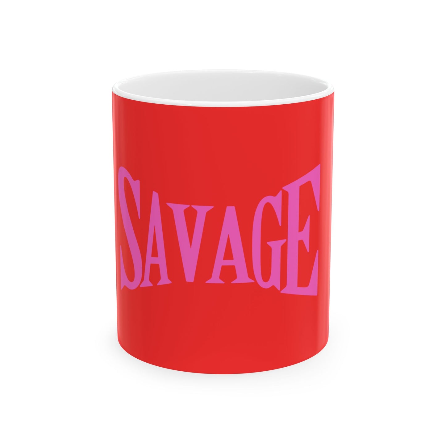A glossy red ceramic mug with the word 'SAVAGE' printed in bold purple letters.
