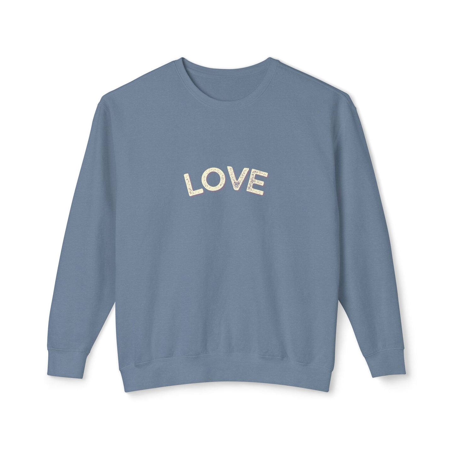Blue sweatshirt with 'LOVE' printed on it against a white background