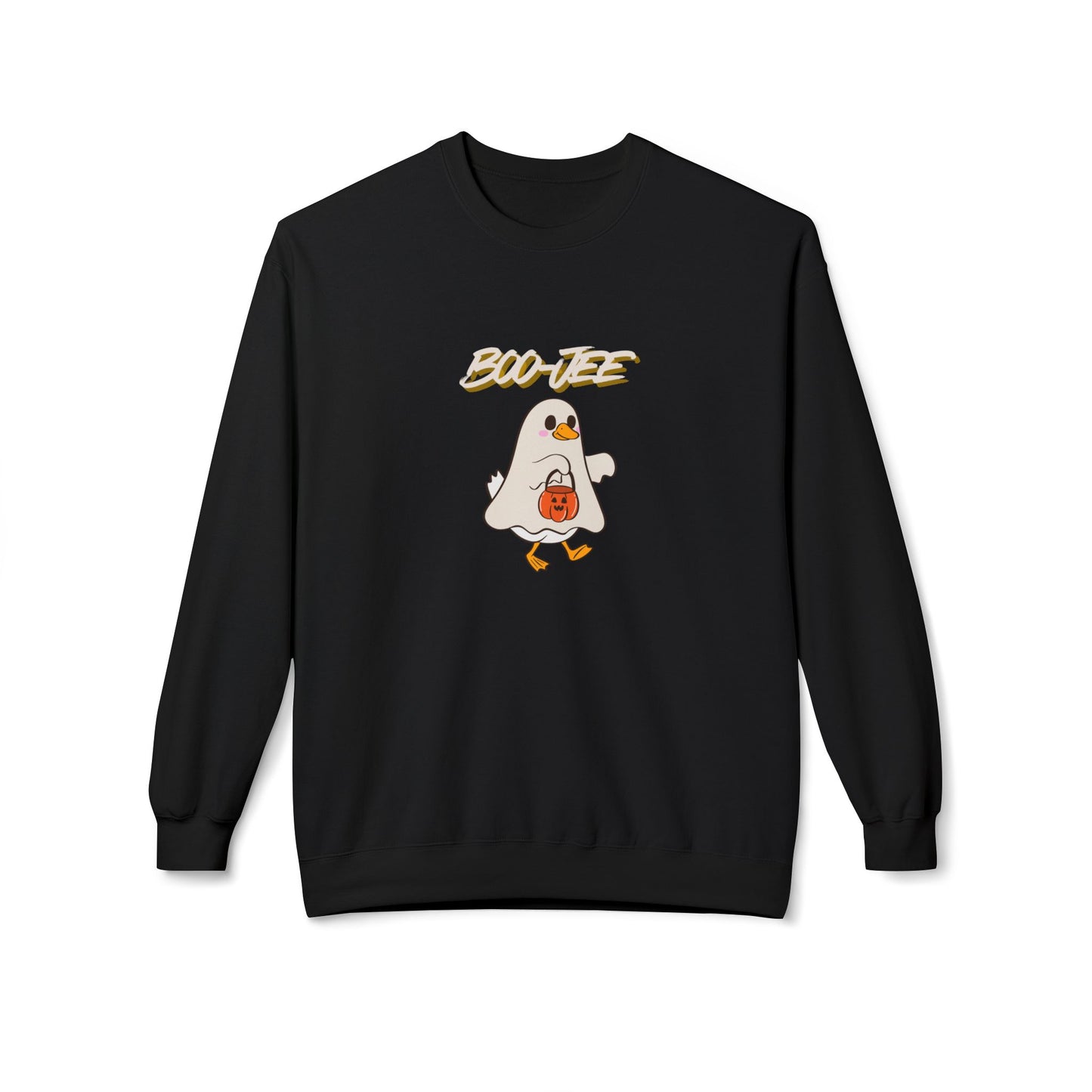 Black sweatshirt with a ghost graphic and 'BOO-JEE' text on a white background