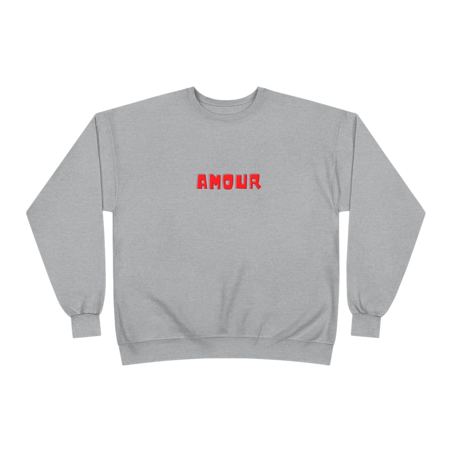 Gray sweatshirt with red 'AMOUR' text on a white background