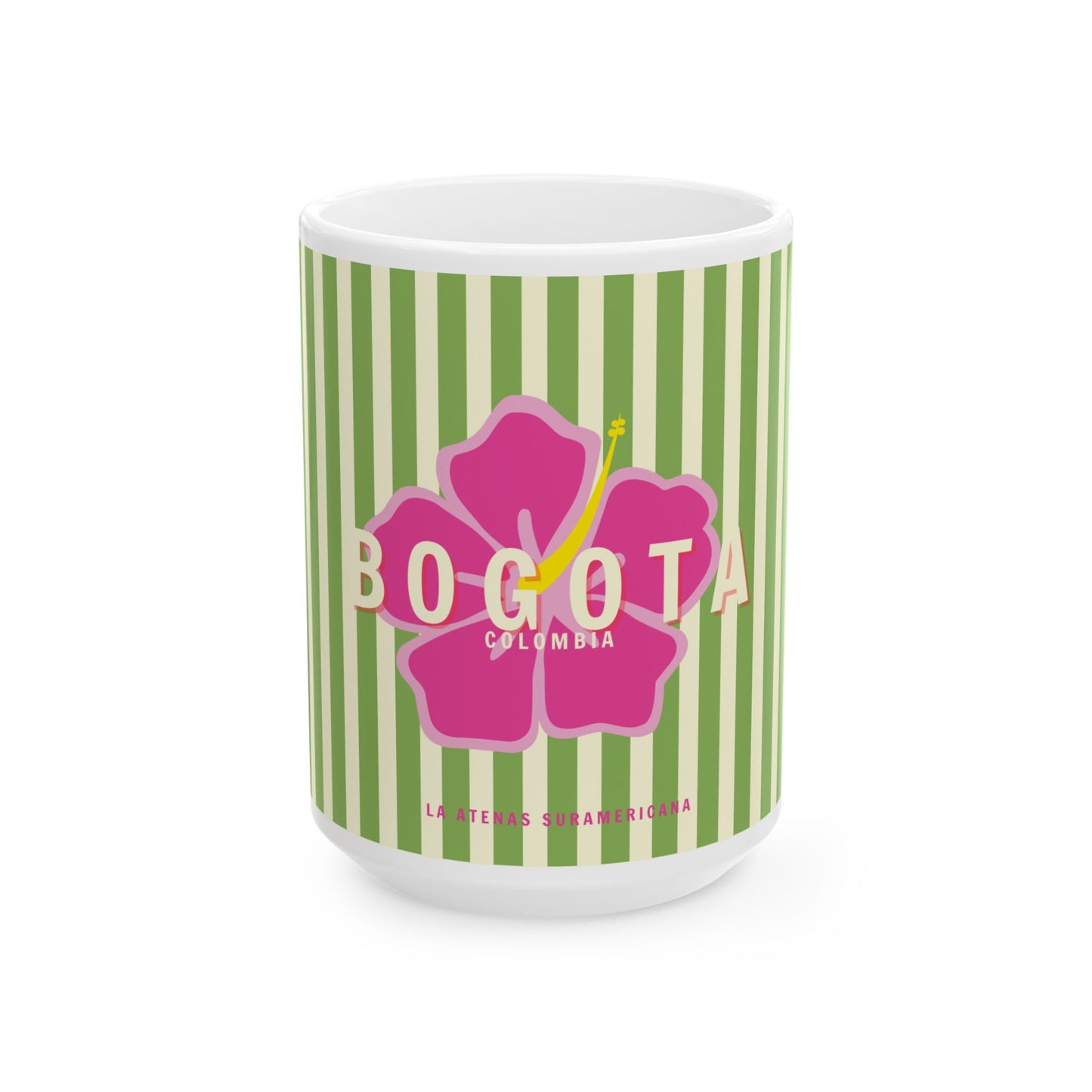 A white ceramic mug with green stripes and a pink floral design, featuring the text 'BOGOTA Colombia' on the front.