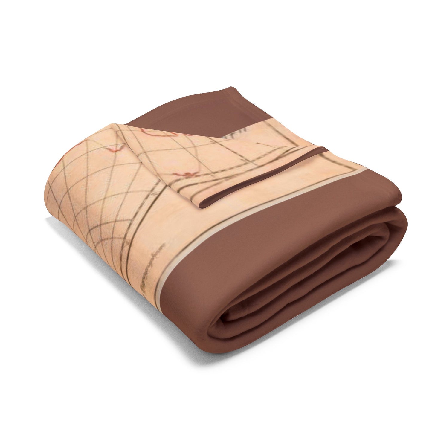 Folded brown blanket with map design on a white background