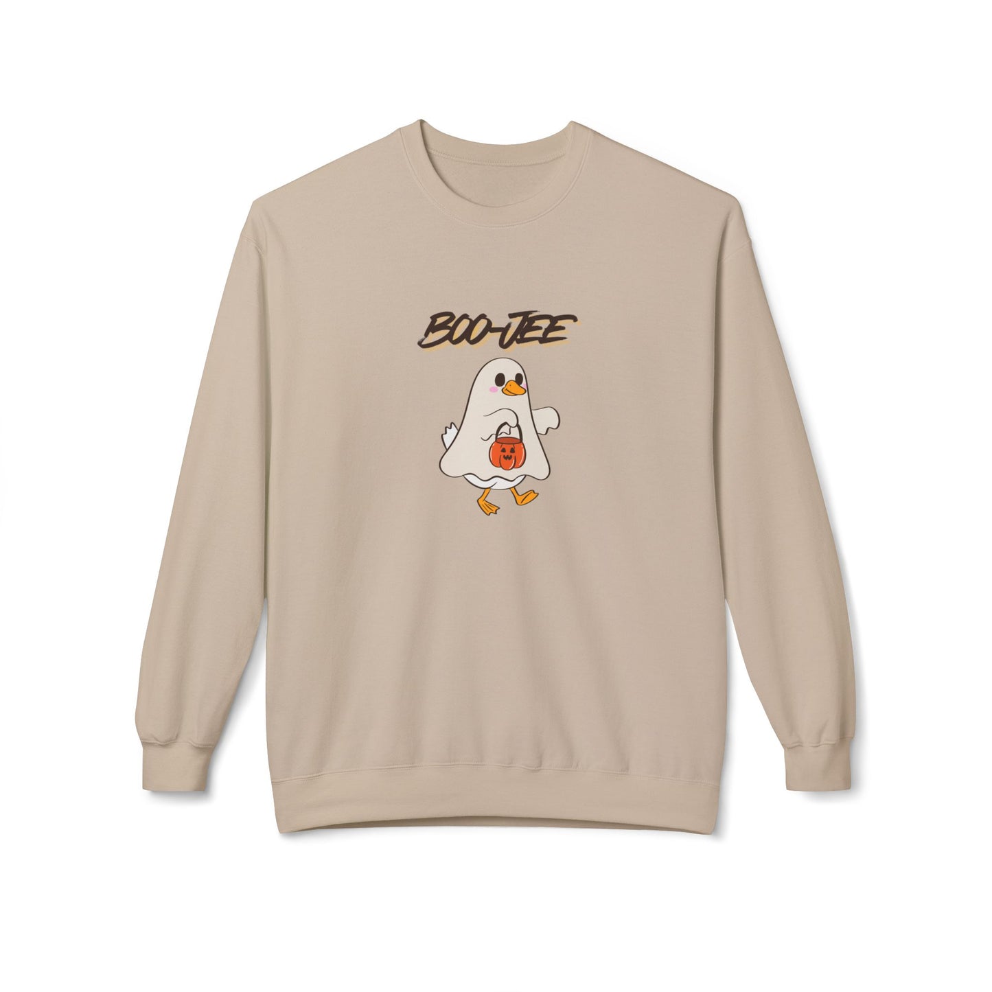 Beige Halloween sweatshirt with a ghost graphic and 'BOO-JEE' text on a white background