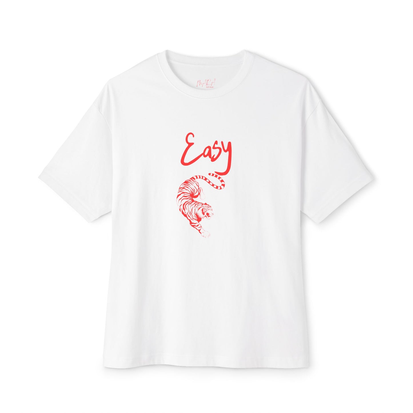 White t-shirt with red graphic EASY TIGER design on a white background