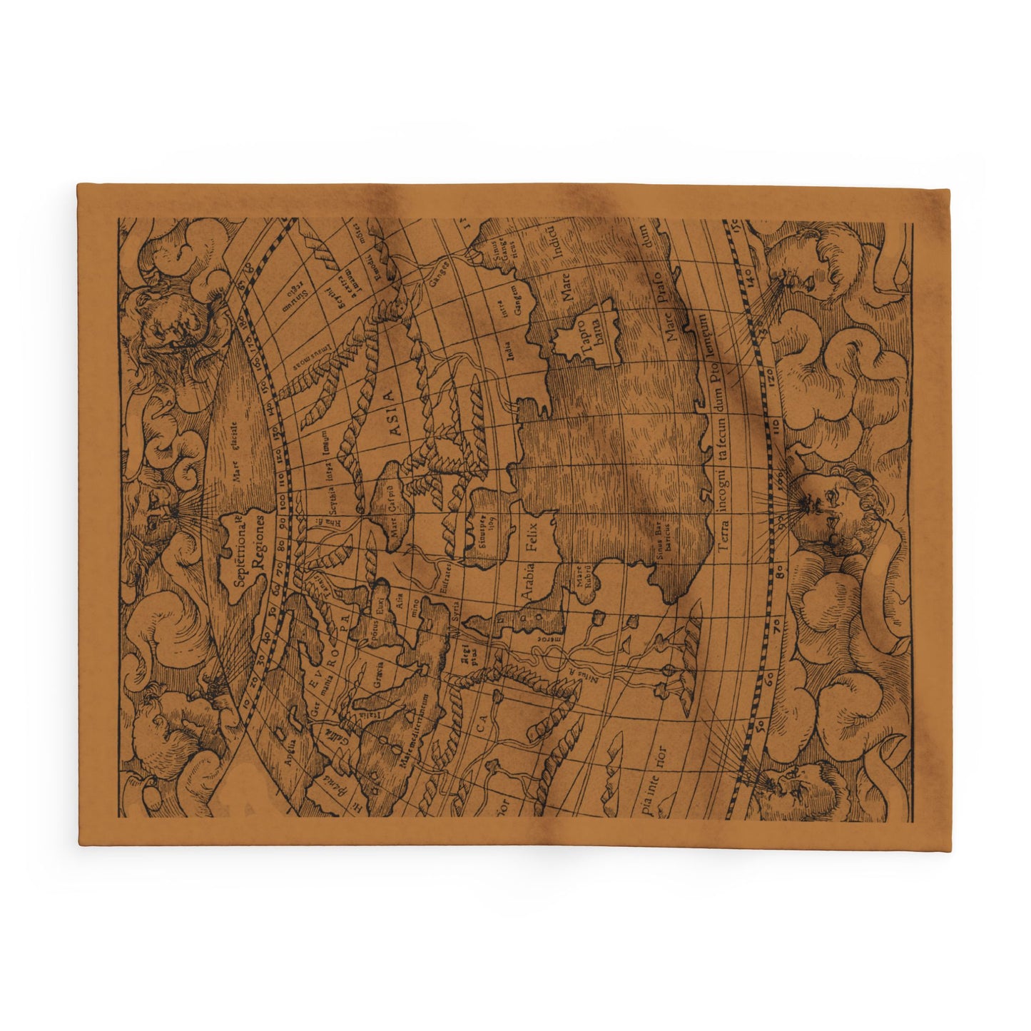 Vintage-style world map throw on a brown background
