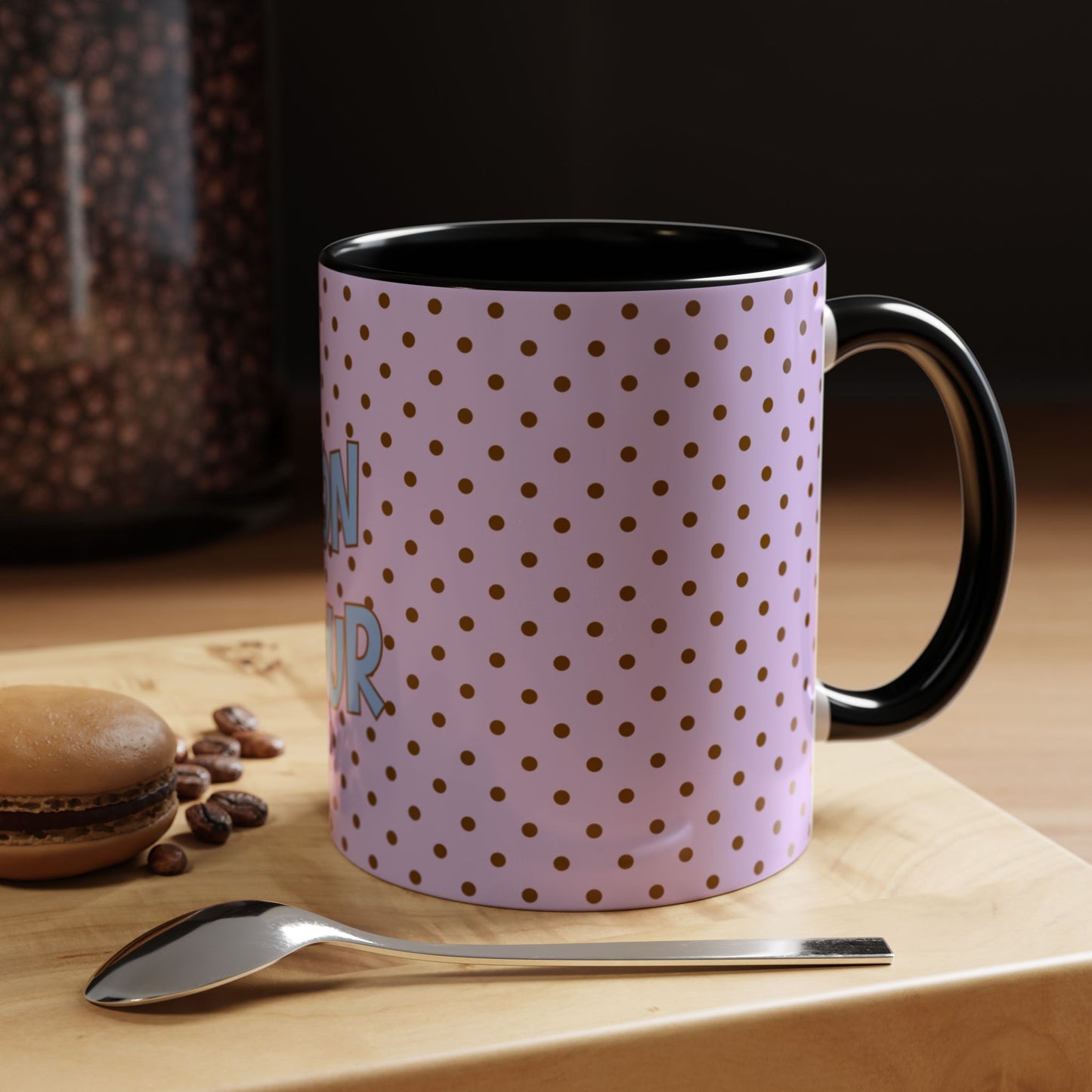 Bonjour Polka Dot Accent Coffee Mug, Lavender, Cute French Café Gift