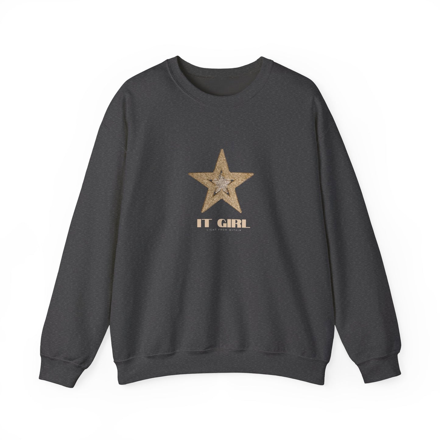 Dark gray sweatshirt with a gold star and 'IT GIRL' text on a white background