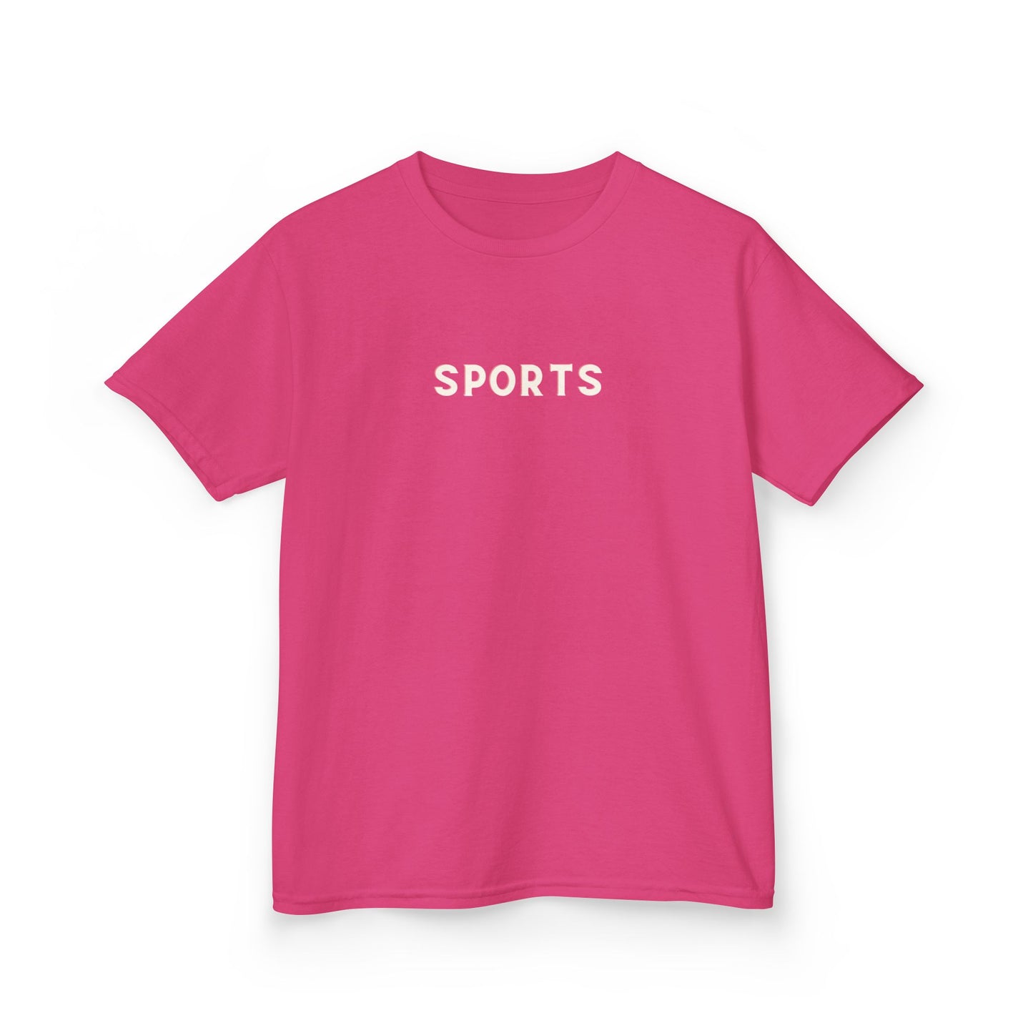 Pink t-shirt with 'SPORTS' text on a white background