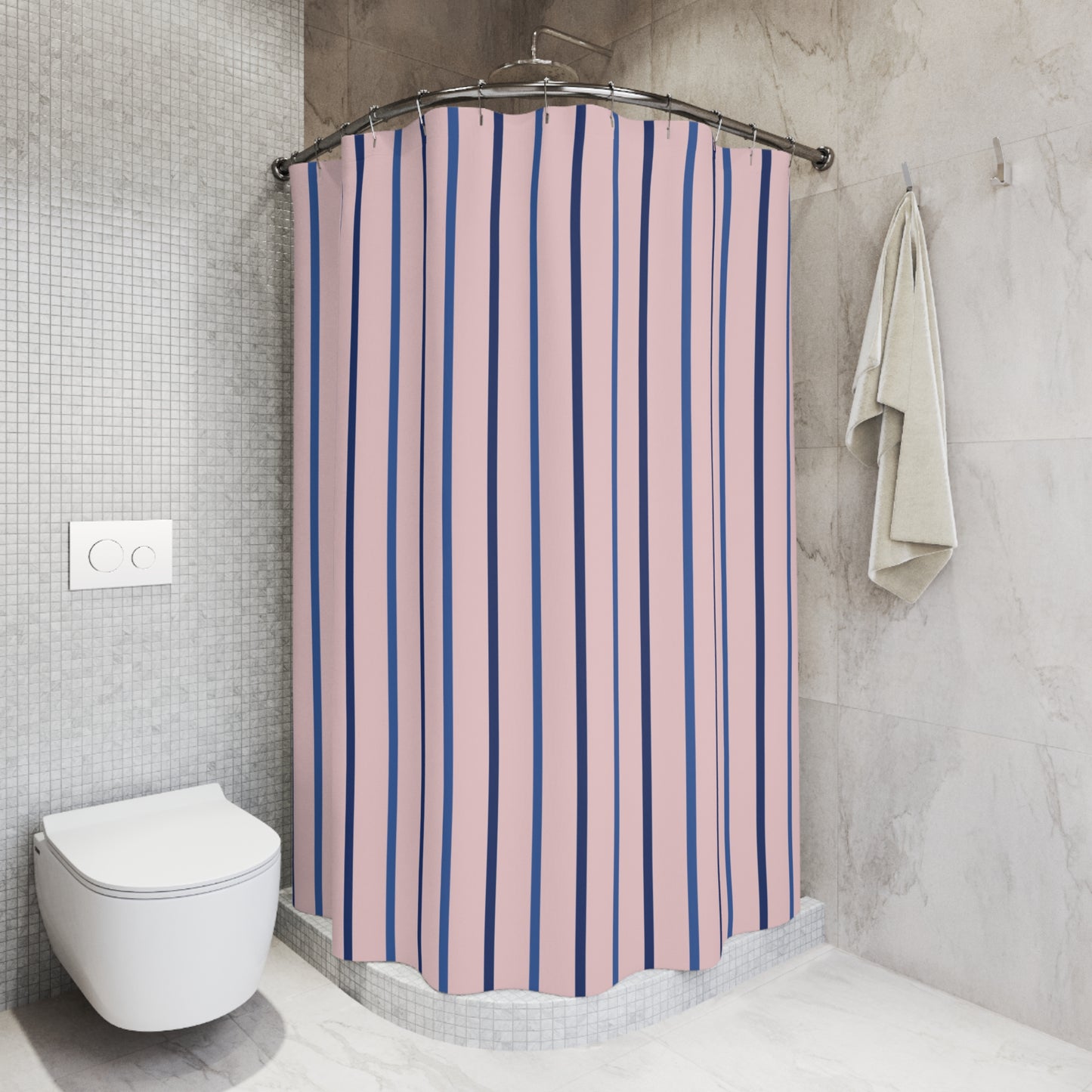Navy and Pink Vertical Stripe Shower Curtain | Modern Bathroom Stripe