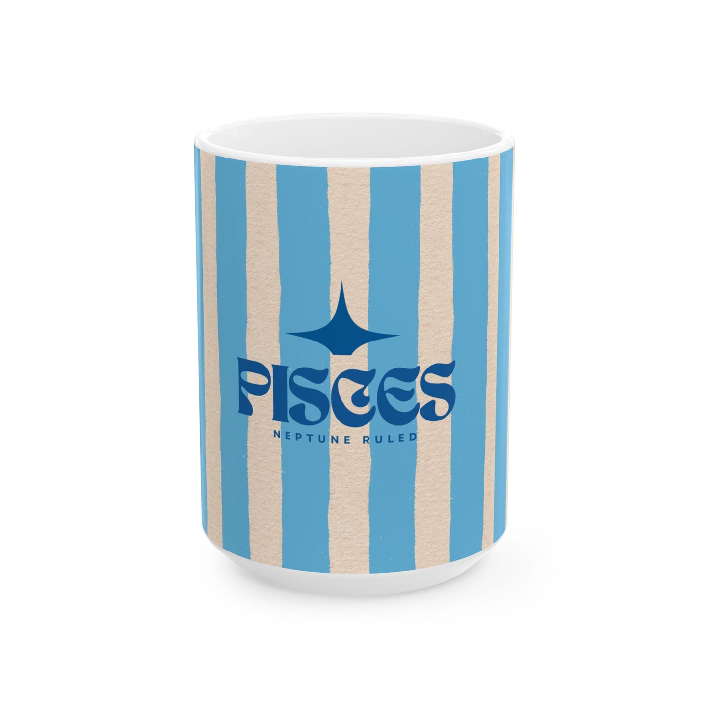 Mug with blue and beige striped design and 'Pisces' text on a white background