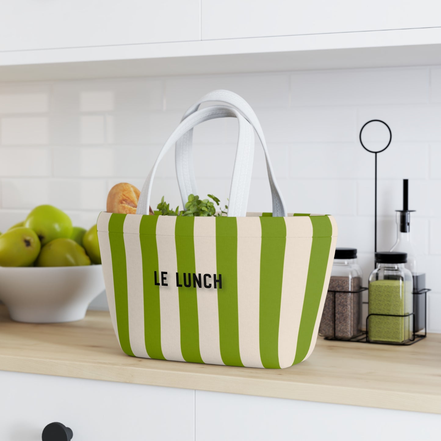 Striped "Le Lunch" Insulated Lunch Bag, GREEN | Preppy Picnic Tote