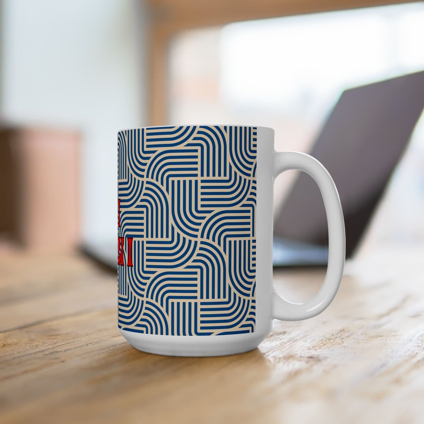 Retro Pattern 'Oui Oui'Ceramic Mug, BLUE