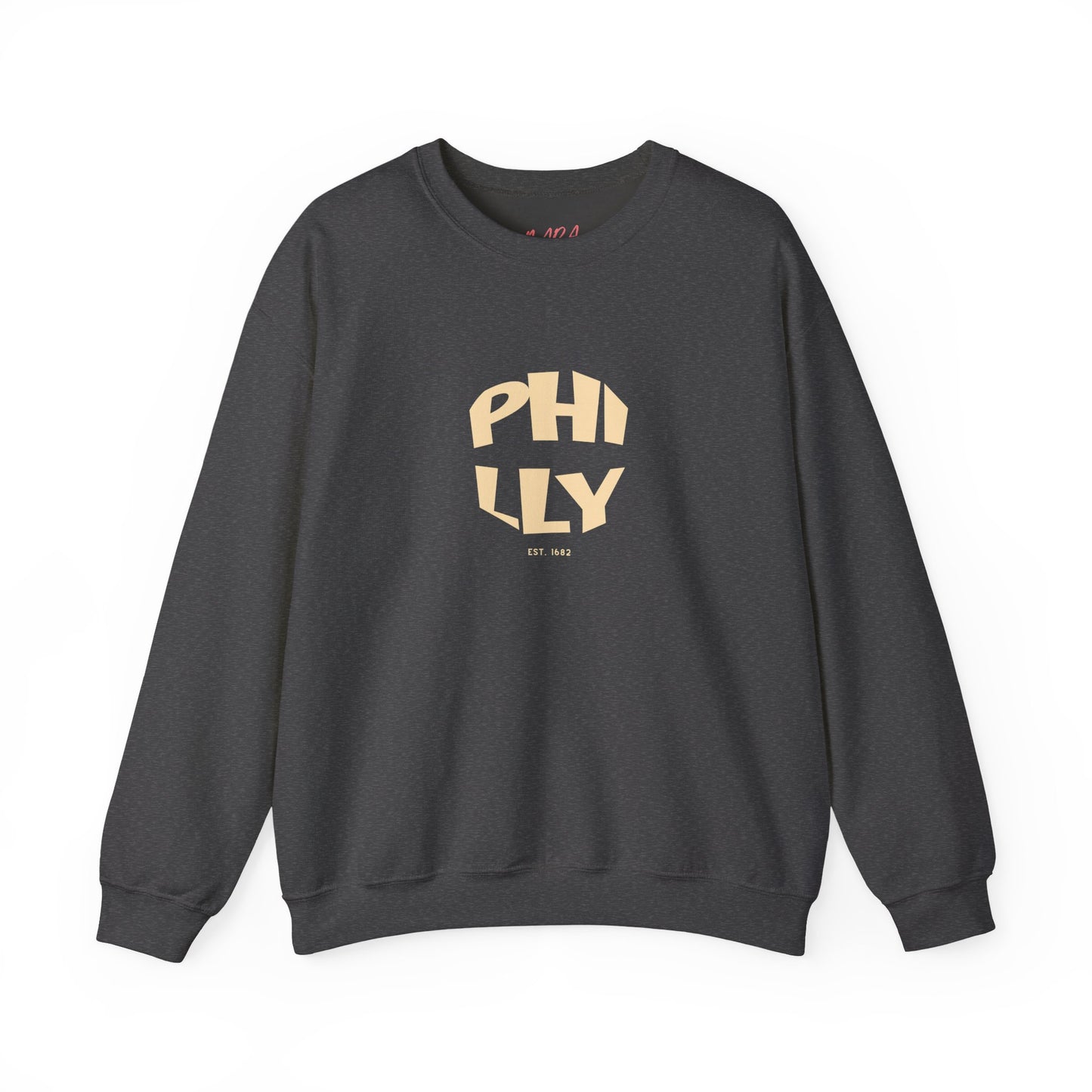 Dark gray sweatshirt with 'PHILLY' graphic on a white background