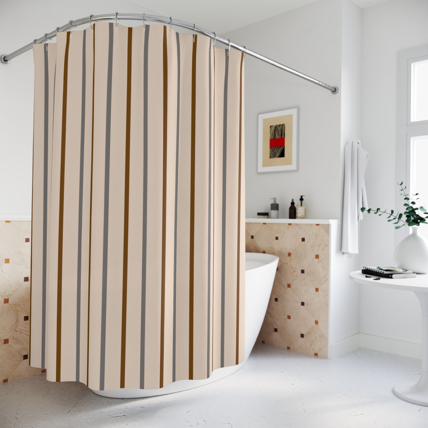 Striped shower curtain in a modern bathroom setting