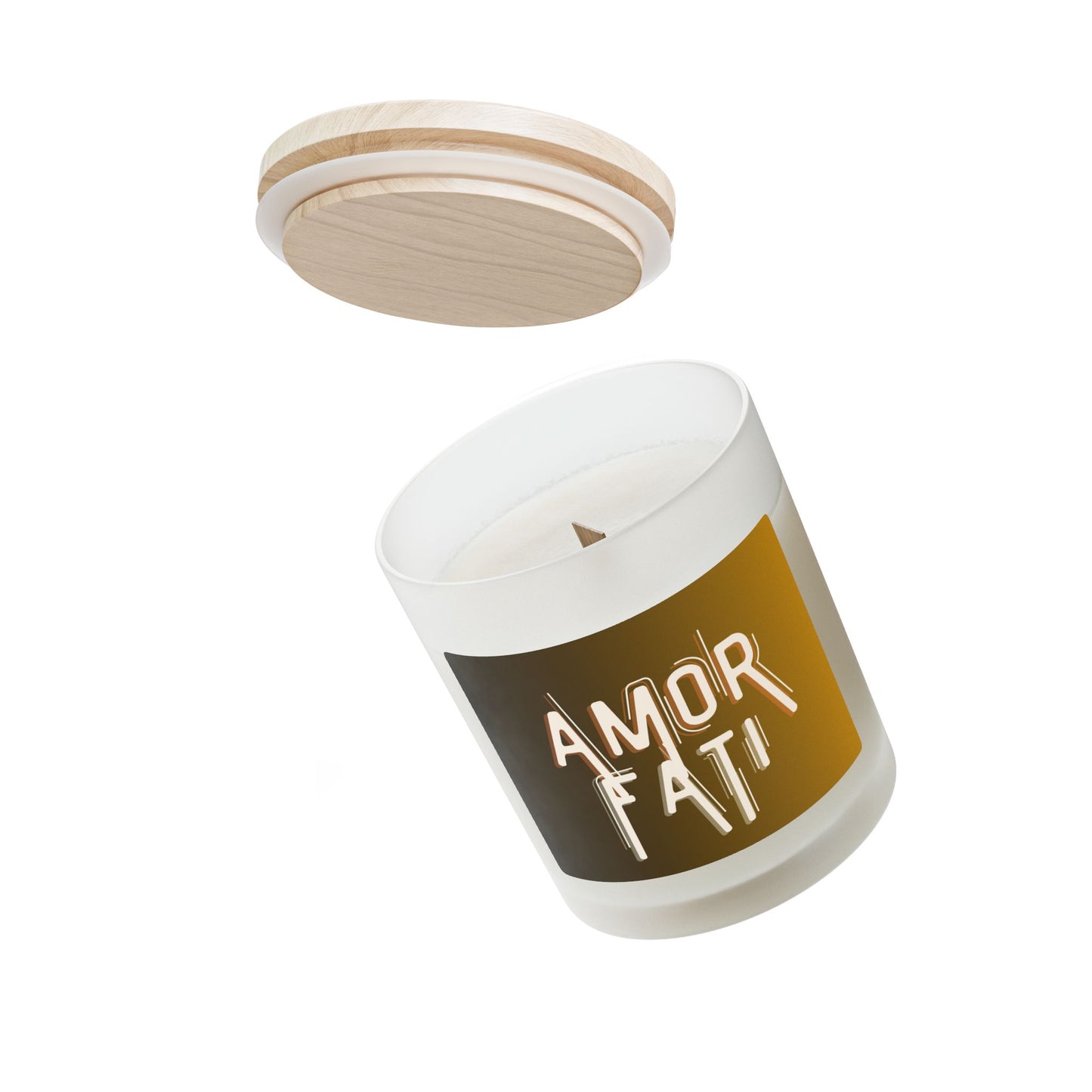 Candle with wooden lid and 'AMOR FATI' text on a white background