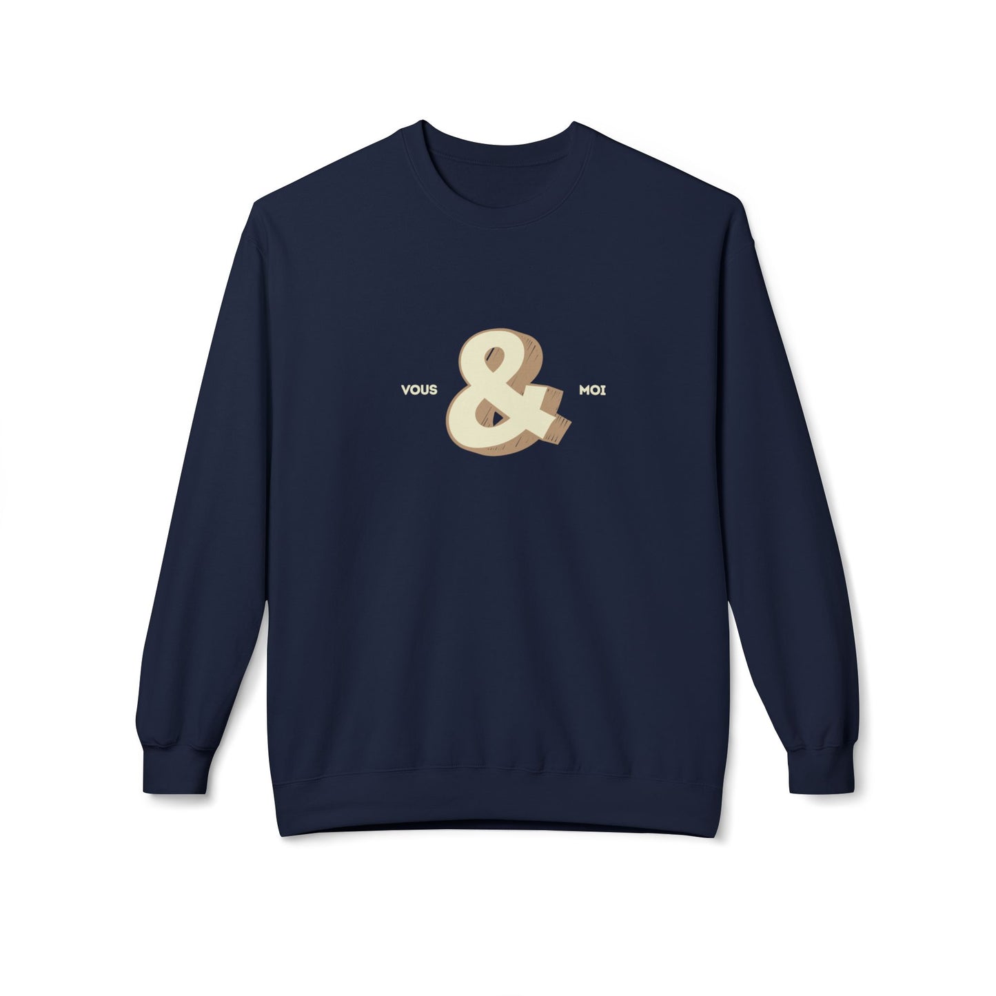 Navy blue couples sweatshirt with an ampersand design and text on a white background