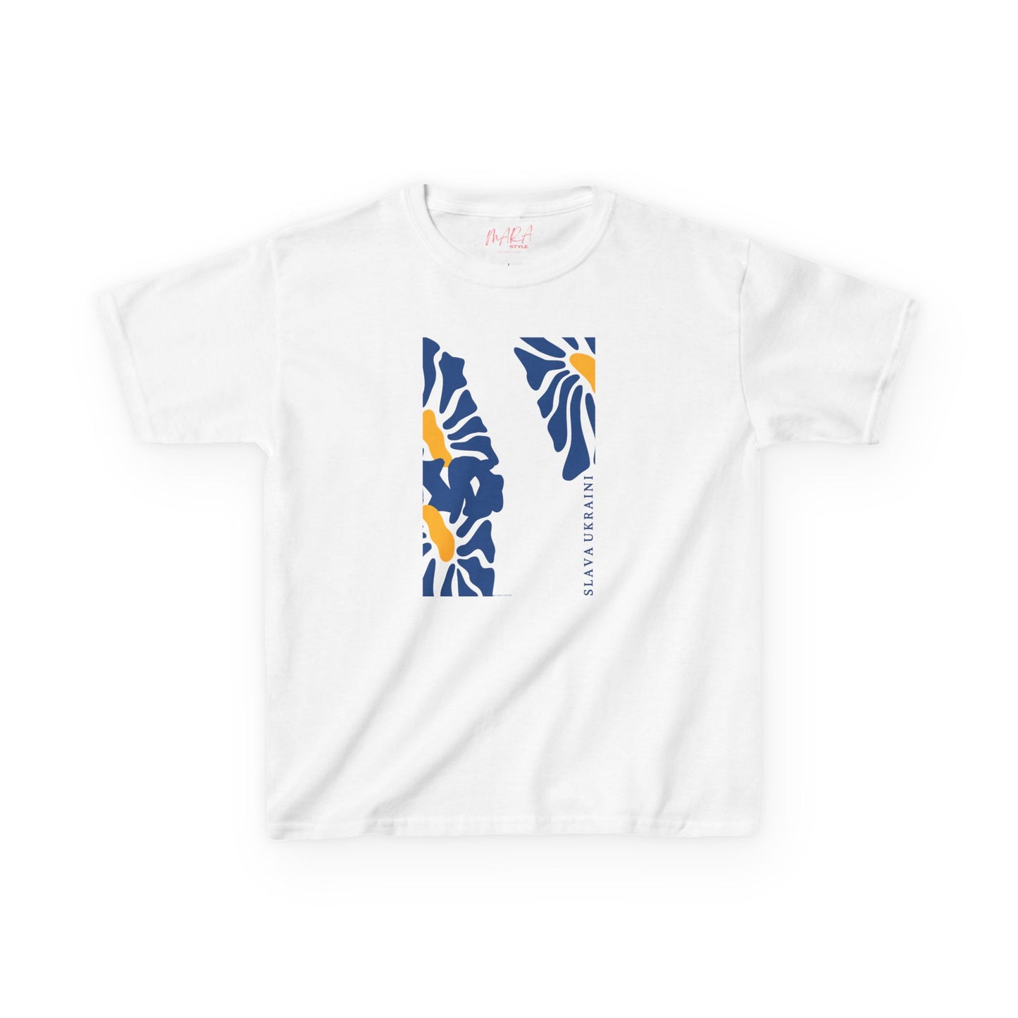 White t-shirt with blue and yellow Slava Ukraini on a white background