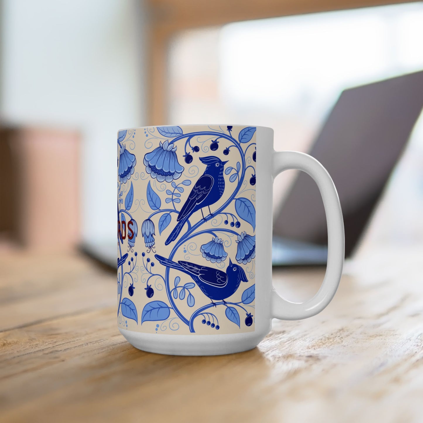 Lovebirds Floral Ceramic Mug — Blue Vintage Bird Pattern (11oz & 15oz)