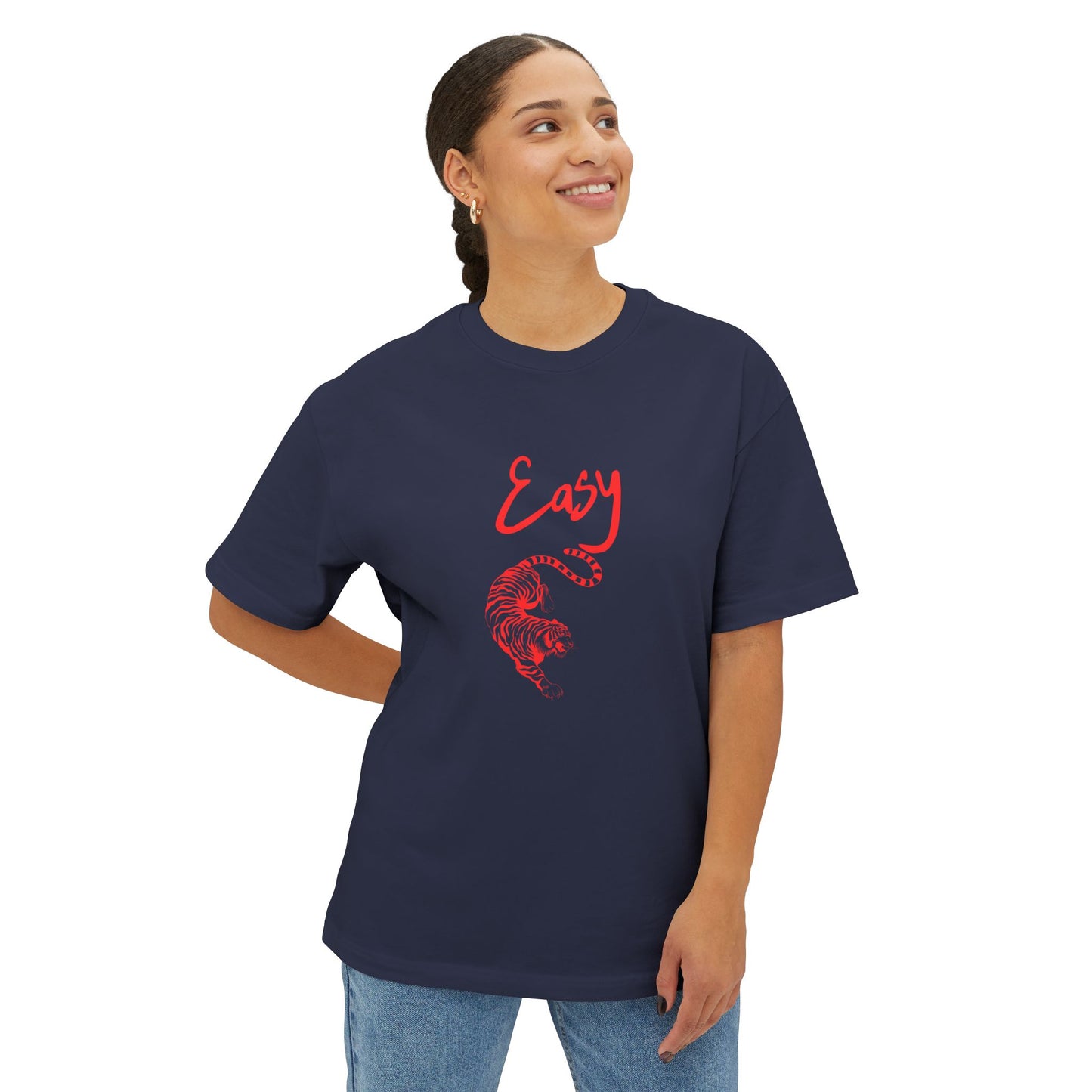 Person wearing a navy blue EASY TIGER t-shirt with red graphic design on a white background