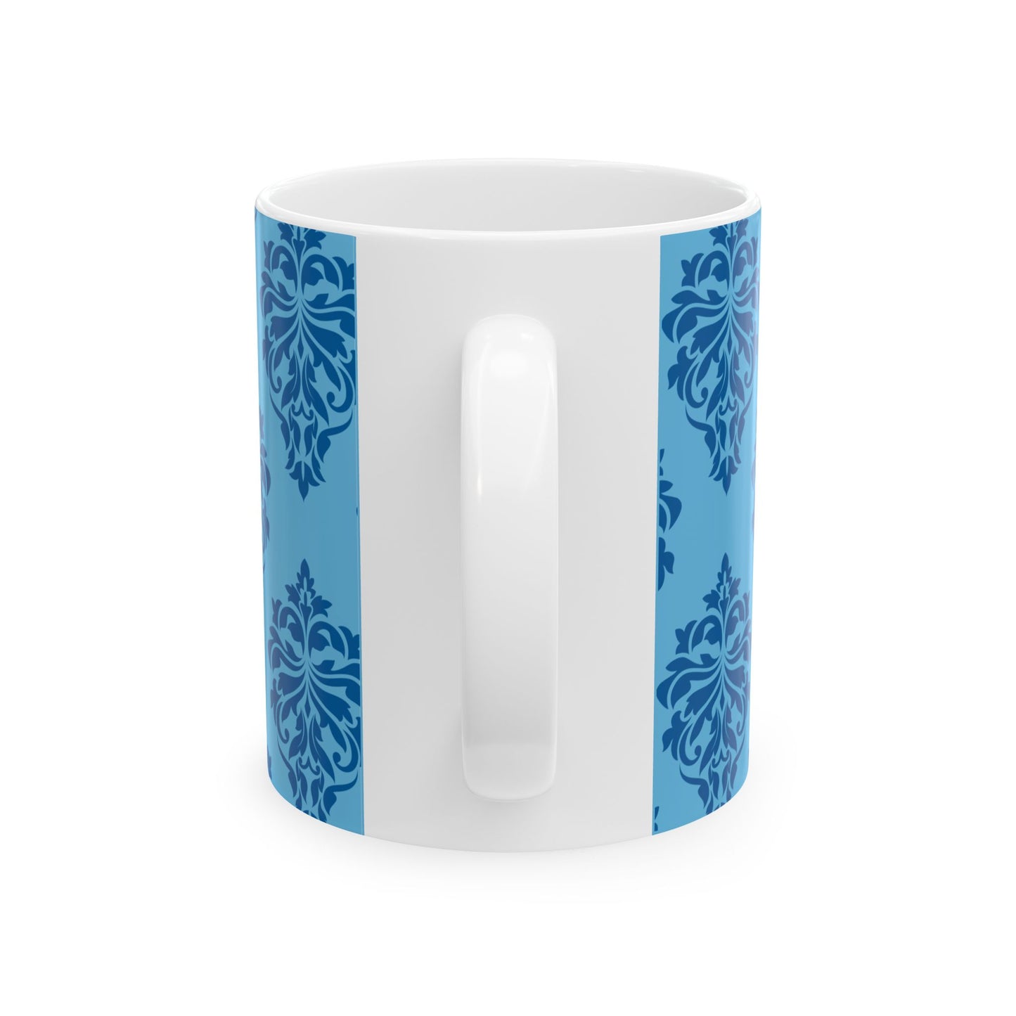 White mug with blue decorative patterns on a white background