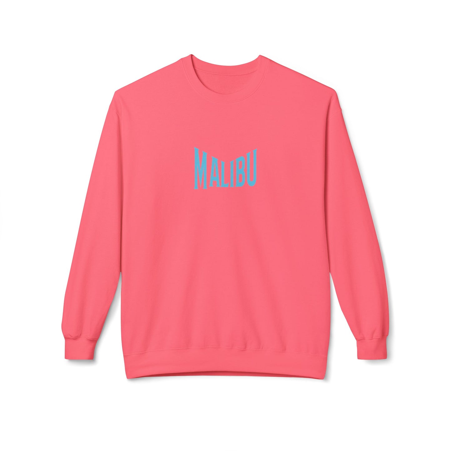 Coral long-sleeve shirt with 'Malibu' text on a white background
