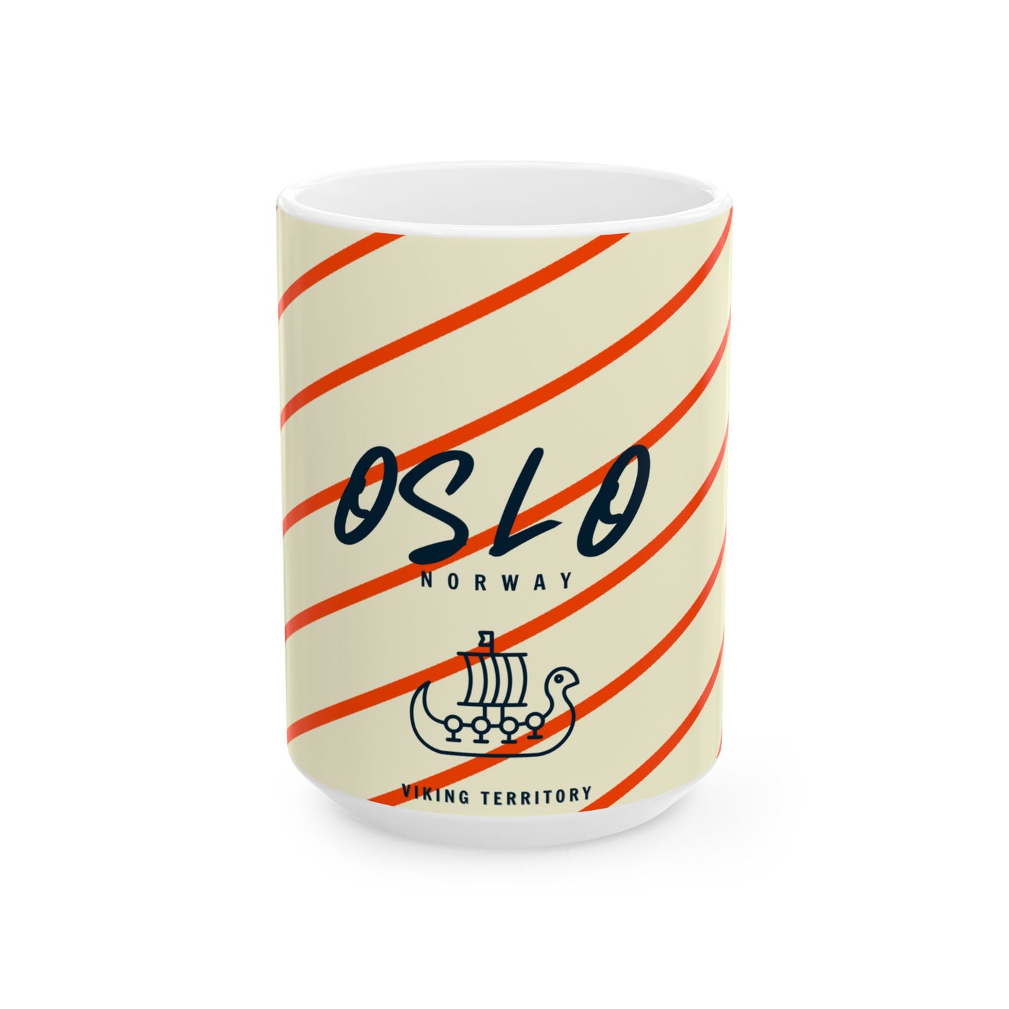 Mug with red and white striped design and 'Oslo Norway' text on a beige background