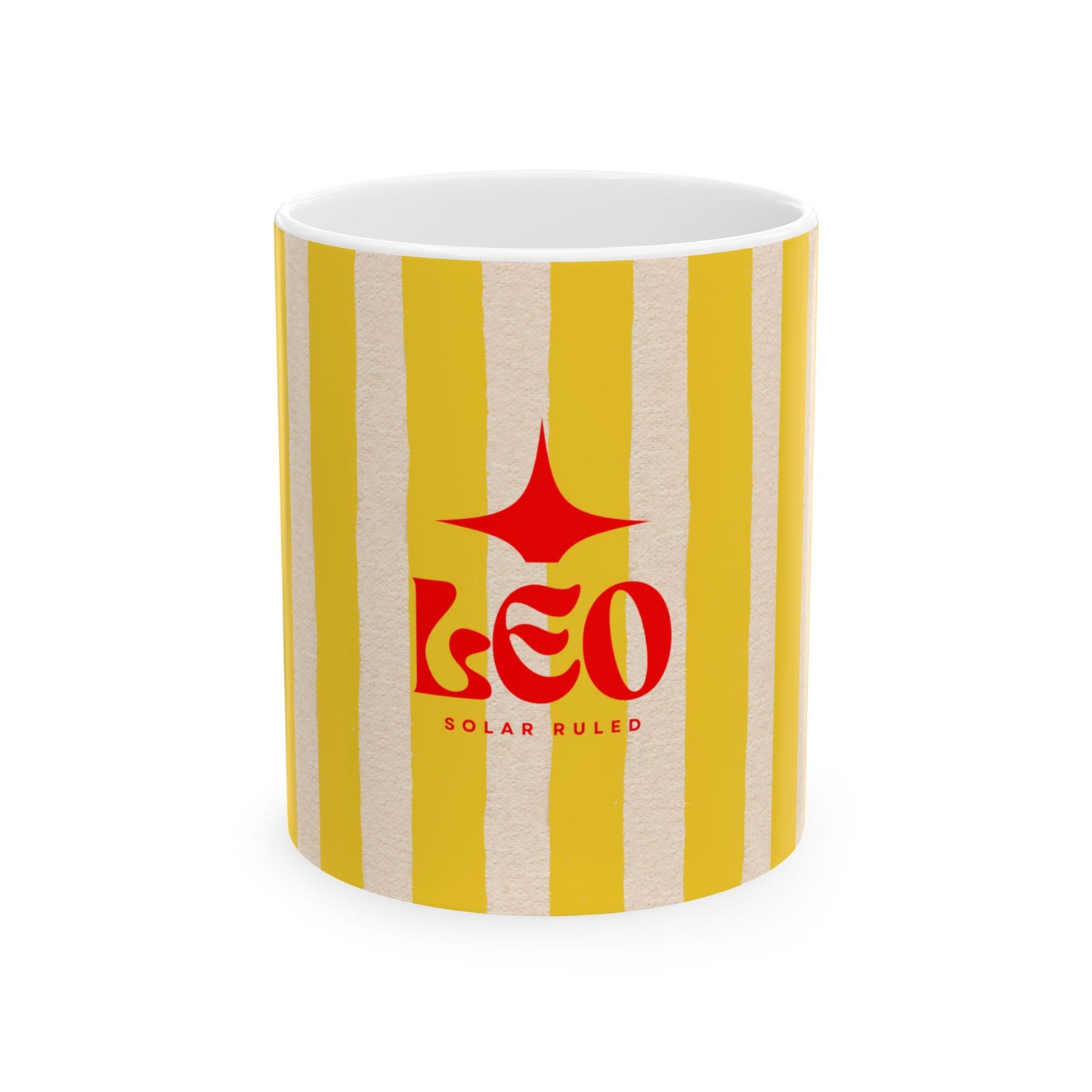 Mug with yellow and white striped design and red 'Leo' text on a white background
