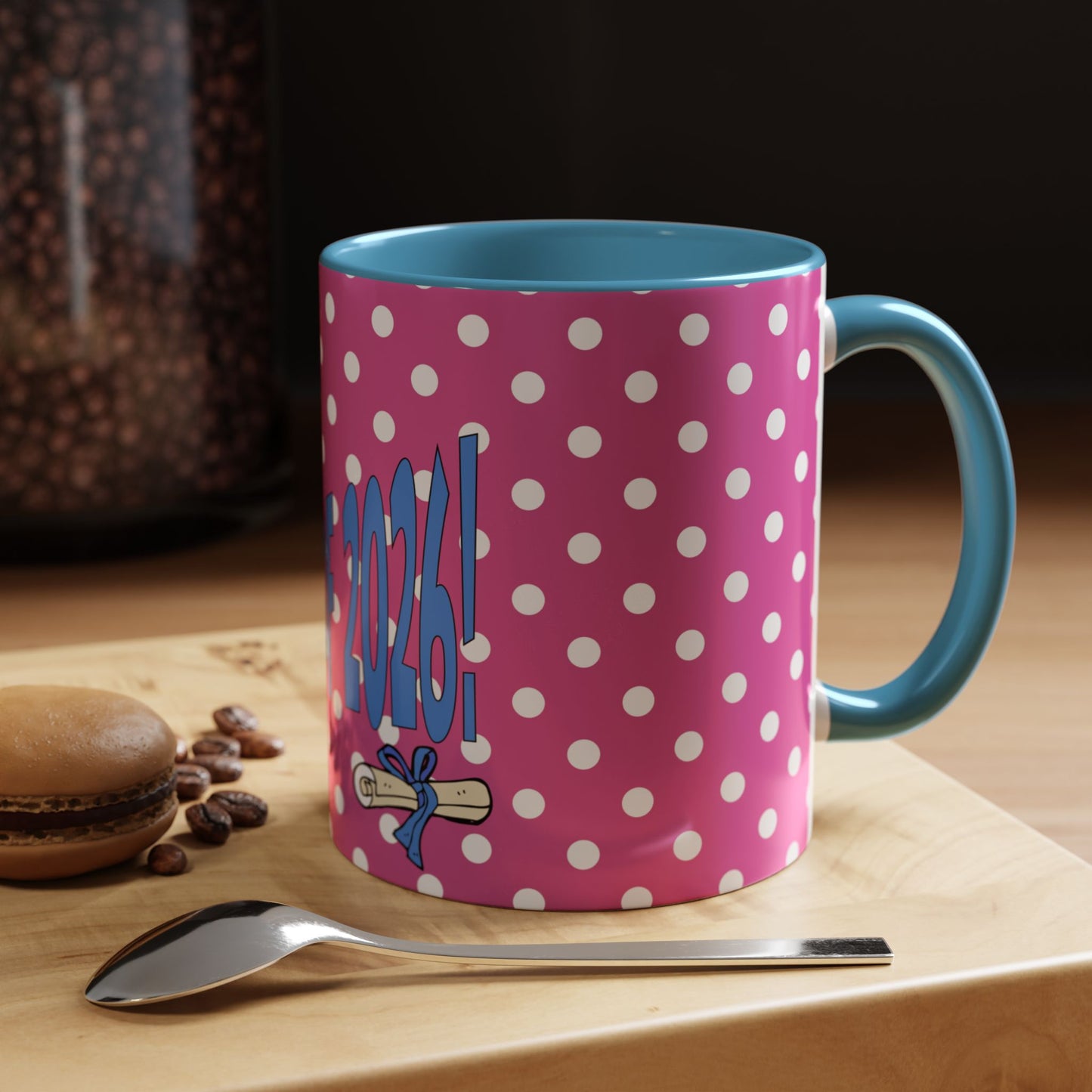 'Class of 2026' Pink Polka Dot Accent Mug, Fun Graduation Gift