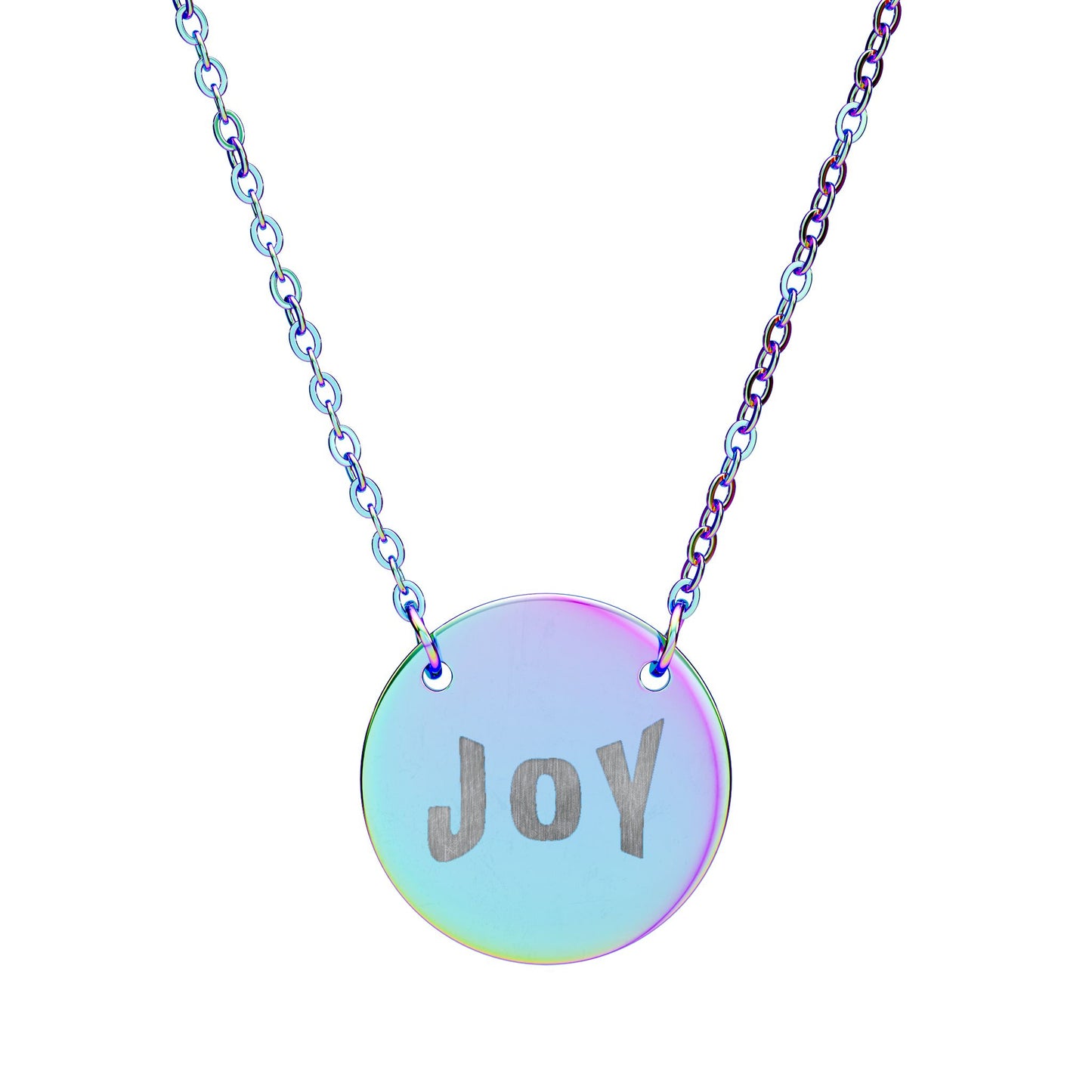 Necklace with a round, iridescent pendant displaying the word 'JOY'.