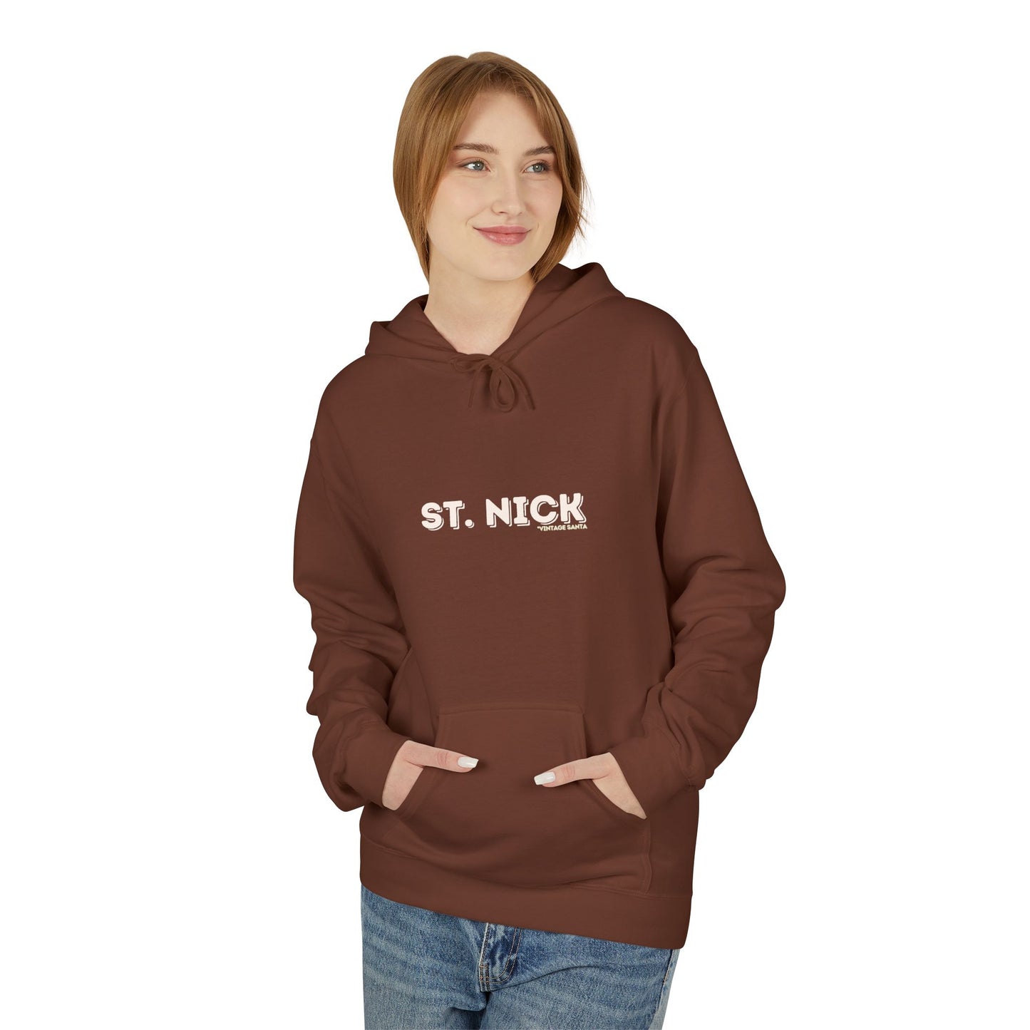 Person wearing a brown hoodie with 'ST. NICK' text on a white background