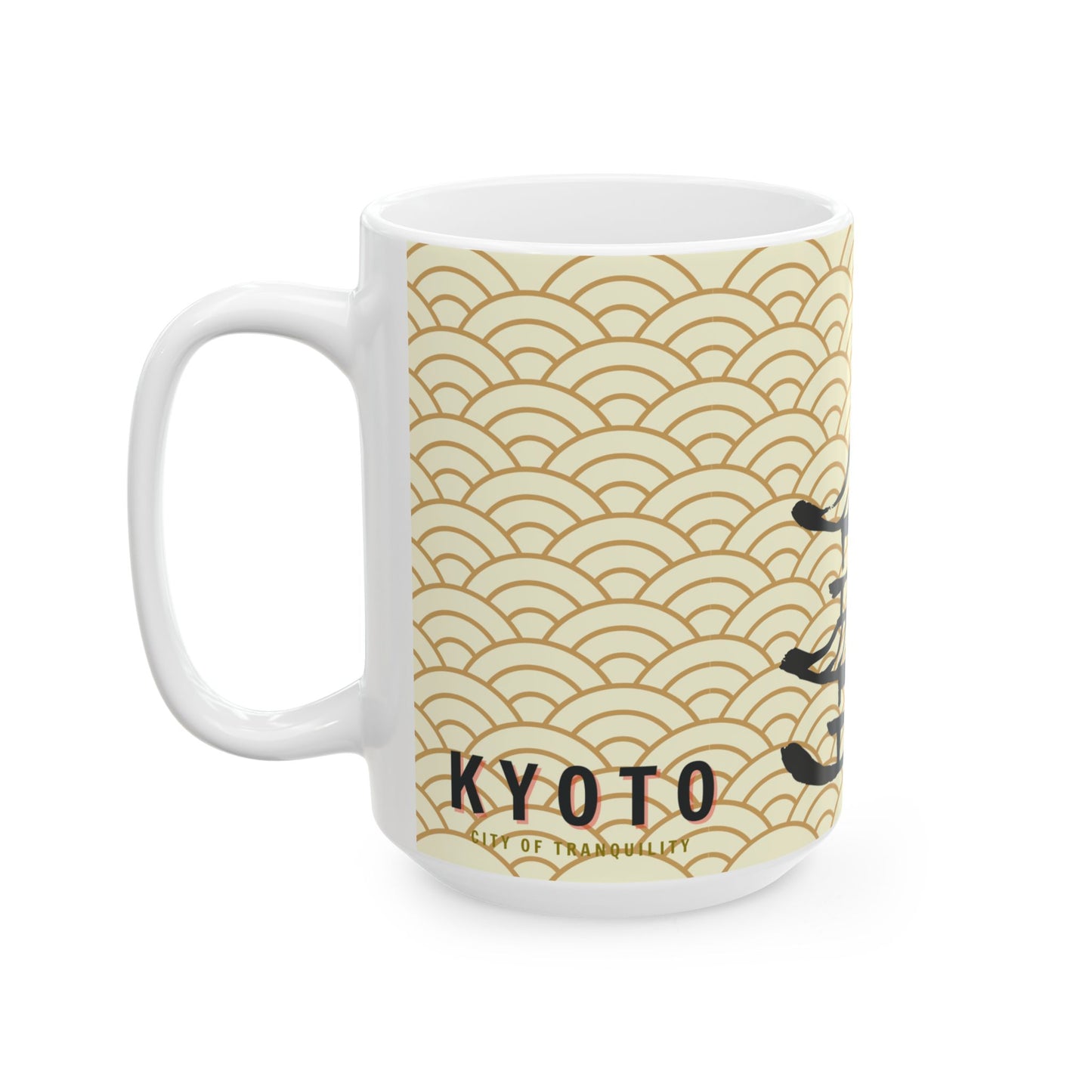White mug with gold wave pattern and 'Kyoto' text on a white background