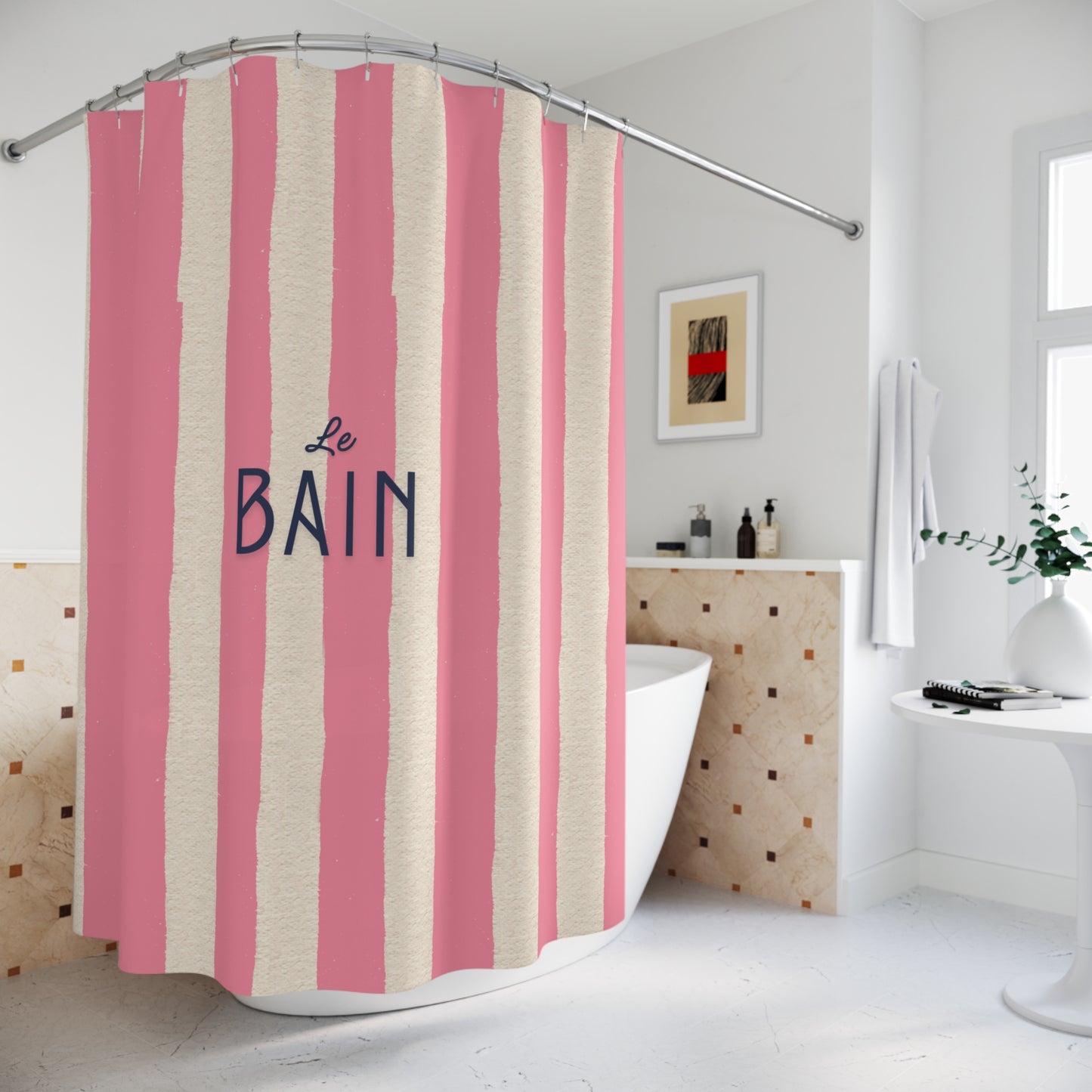 Striped pink and beige shower curtain with 'Le Bain' text in a bathroom setting.