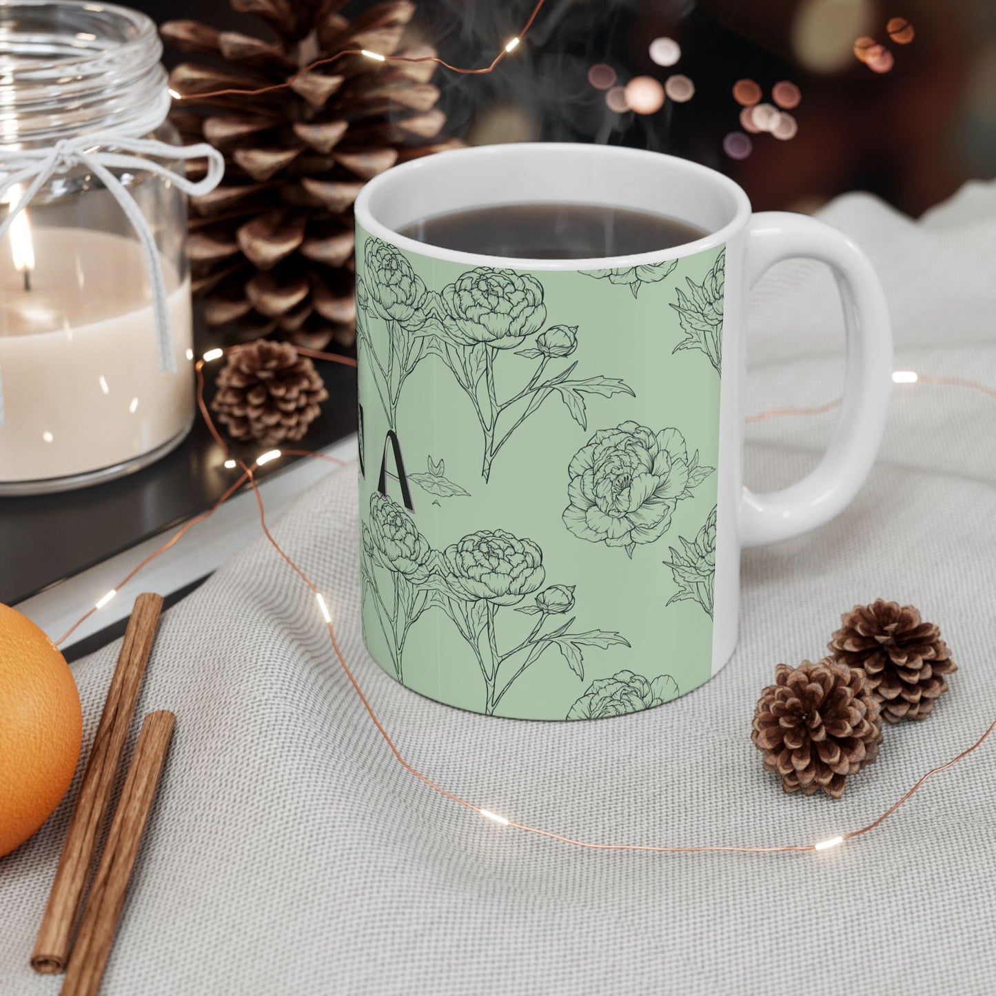 Floral NANA Ceramic Mug, Pastel Green, Grandma gift