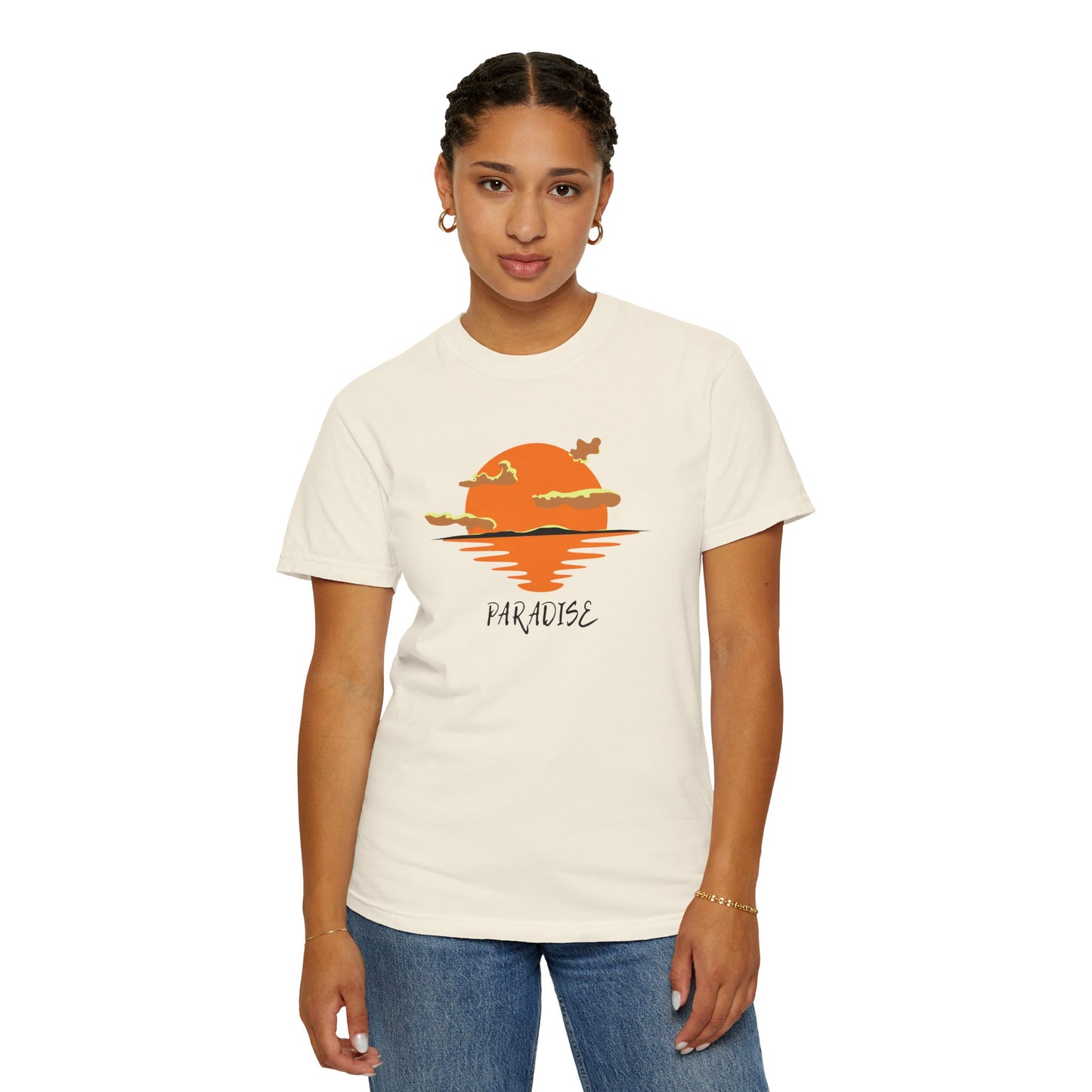 Person wearing a white t-shirt with a graphic design and text on a white background