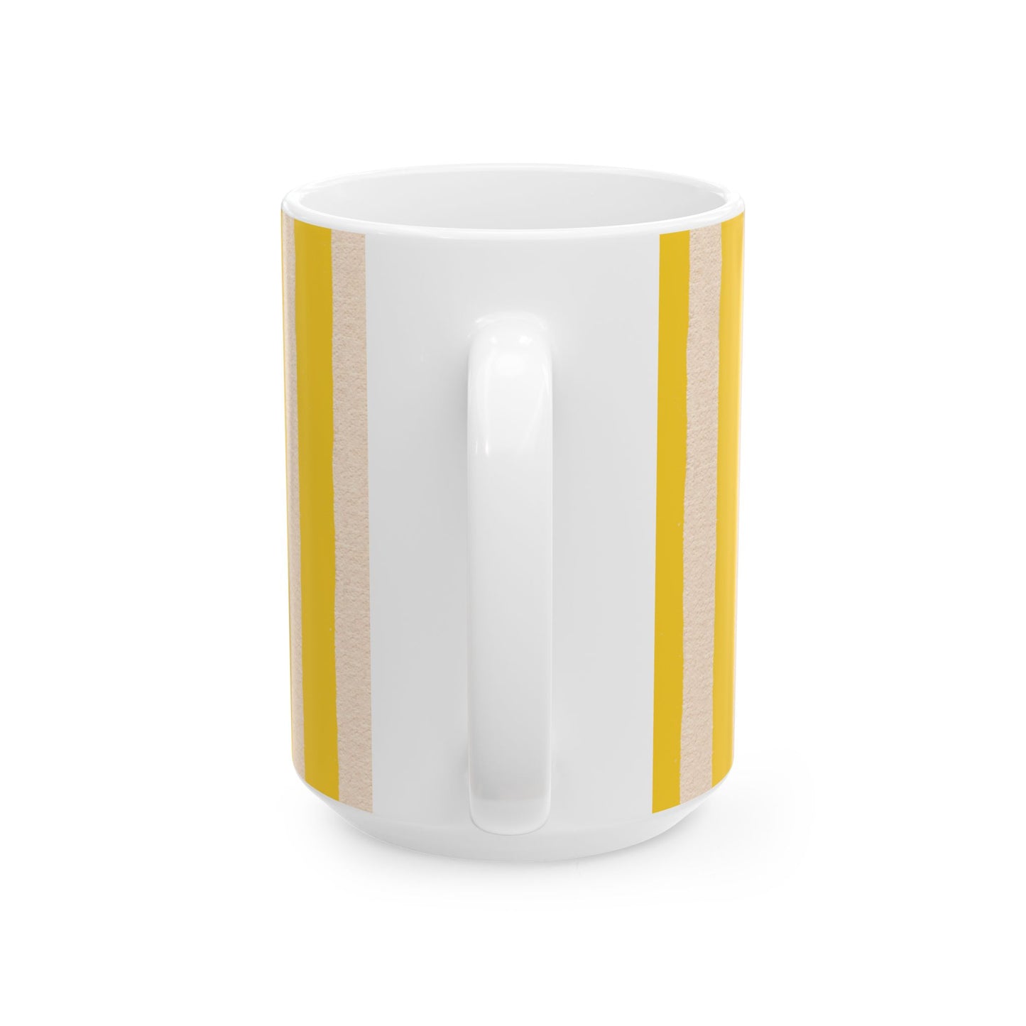 White mug with yellow stripes on a white background