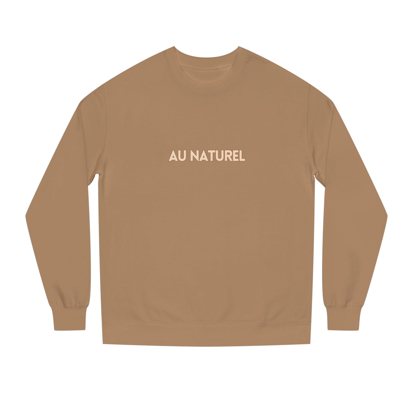 Brown long-sleeve shirt with 'AU NATUREL' text on a white background