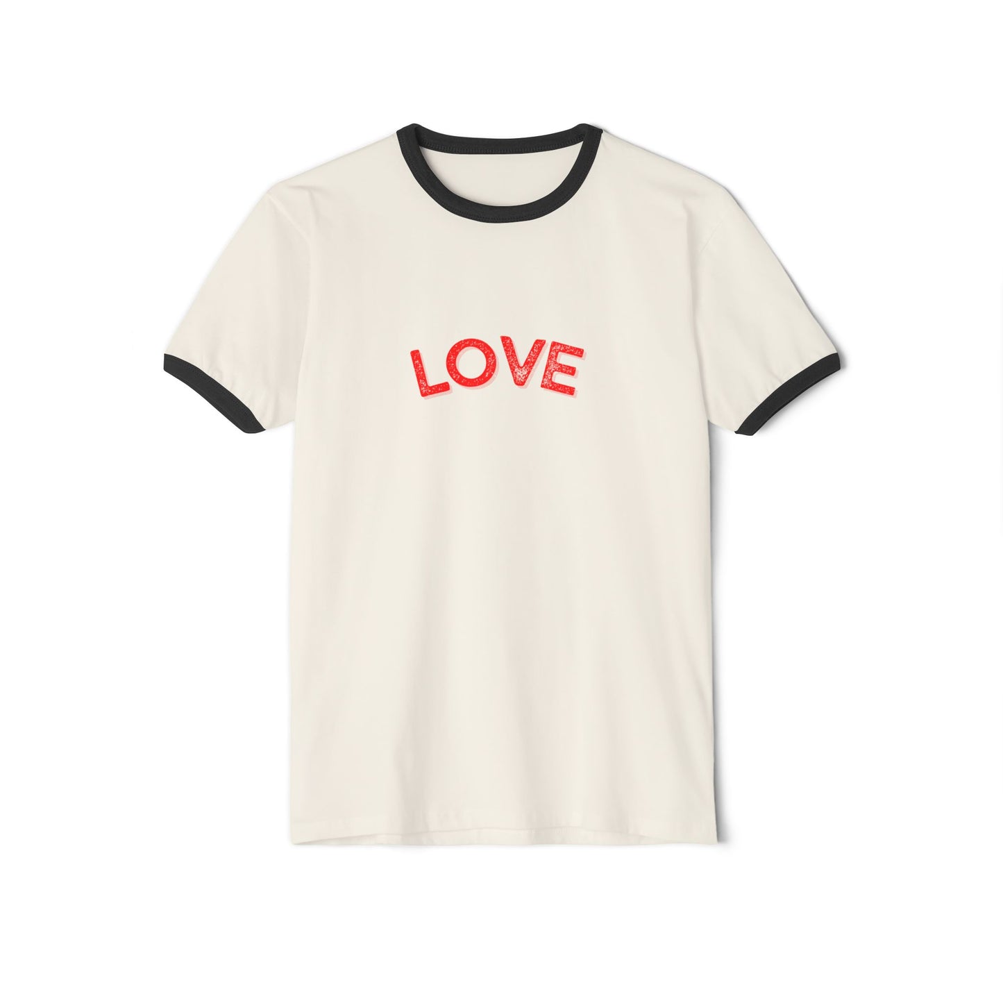 White t-shirt with red 'LOVE' text and black trim on a white background