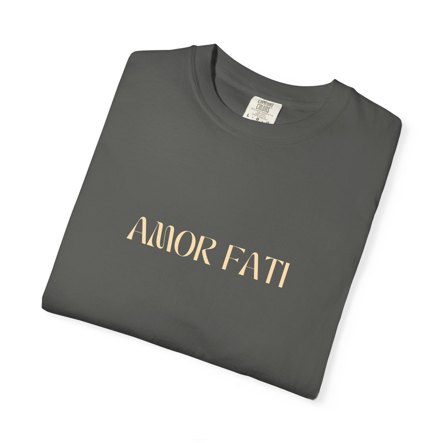 Folded gray t-shirt with 'AMOR FATI' text on a white background