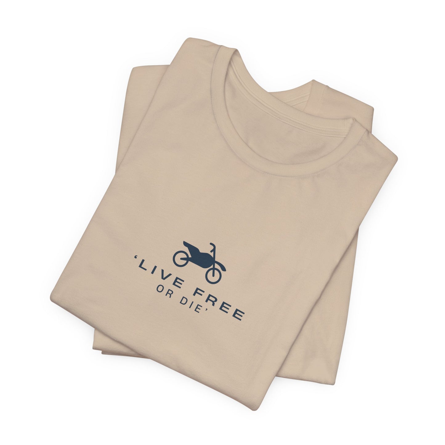 Beige t-shirt with 'Live Free or Die' text and graphic on a white background