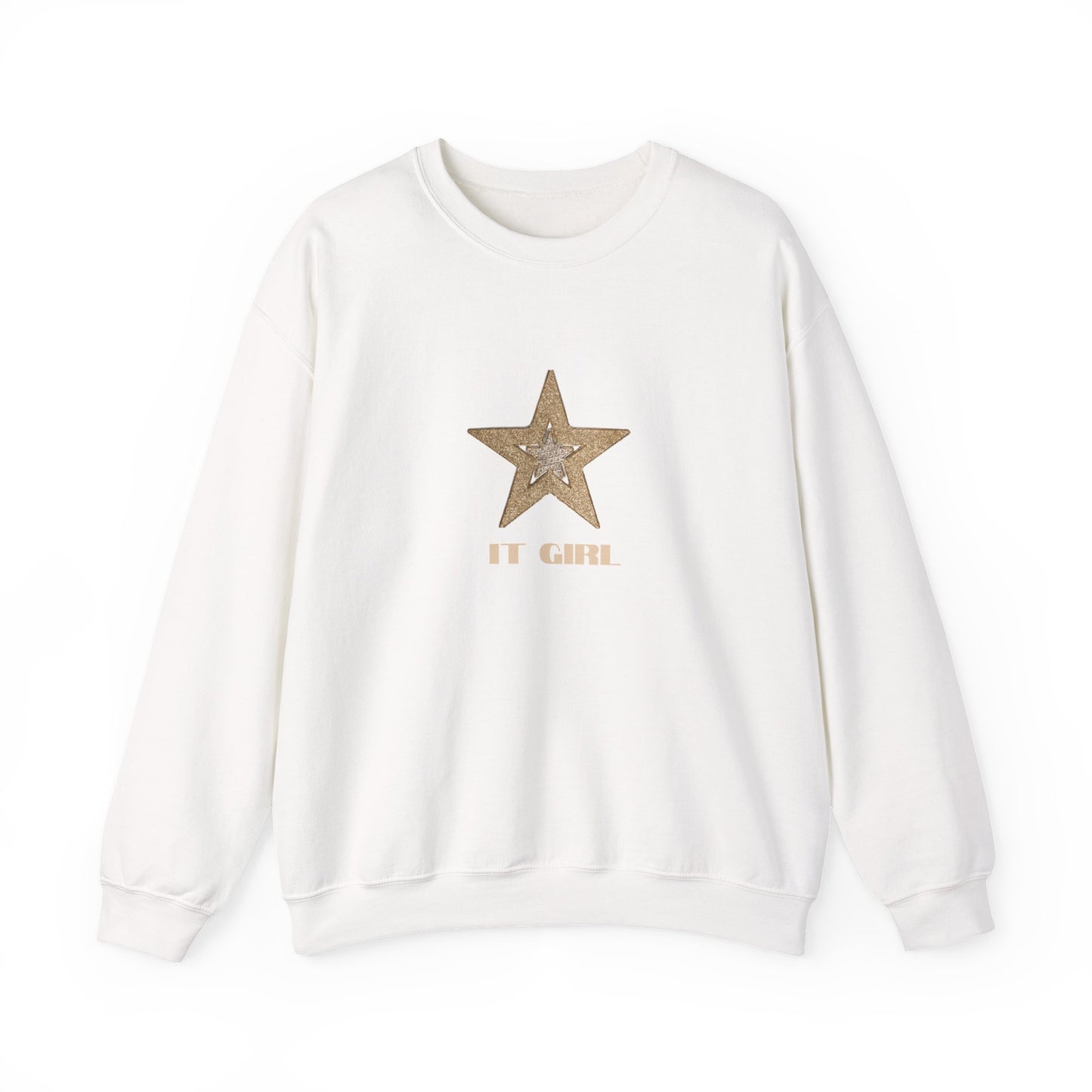 White sweatshirt with a gold star and 'IT GIRL' text on a white background