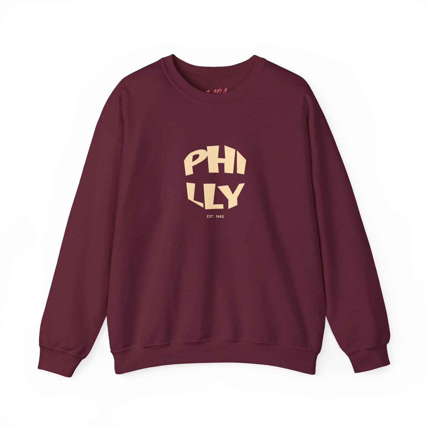 Maroon sweatshirt with 'PHILLY' print on a white background